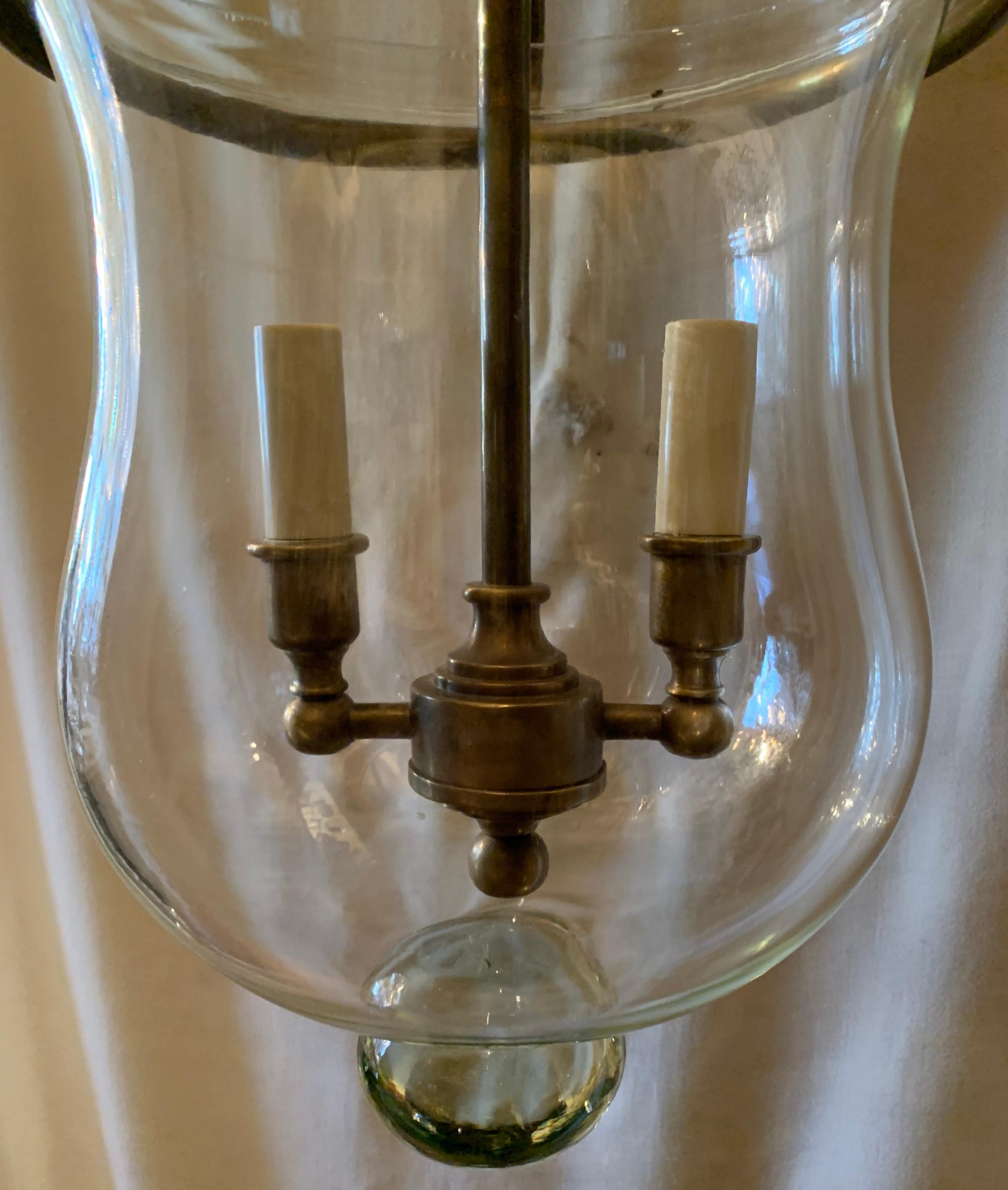 English Handsome Blown Glass Bronze Bell Jar Lantern 2-Light Fixture Vaughan England