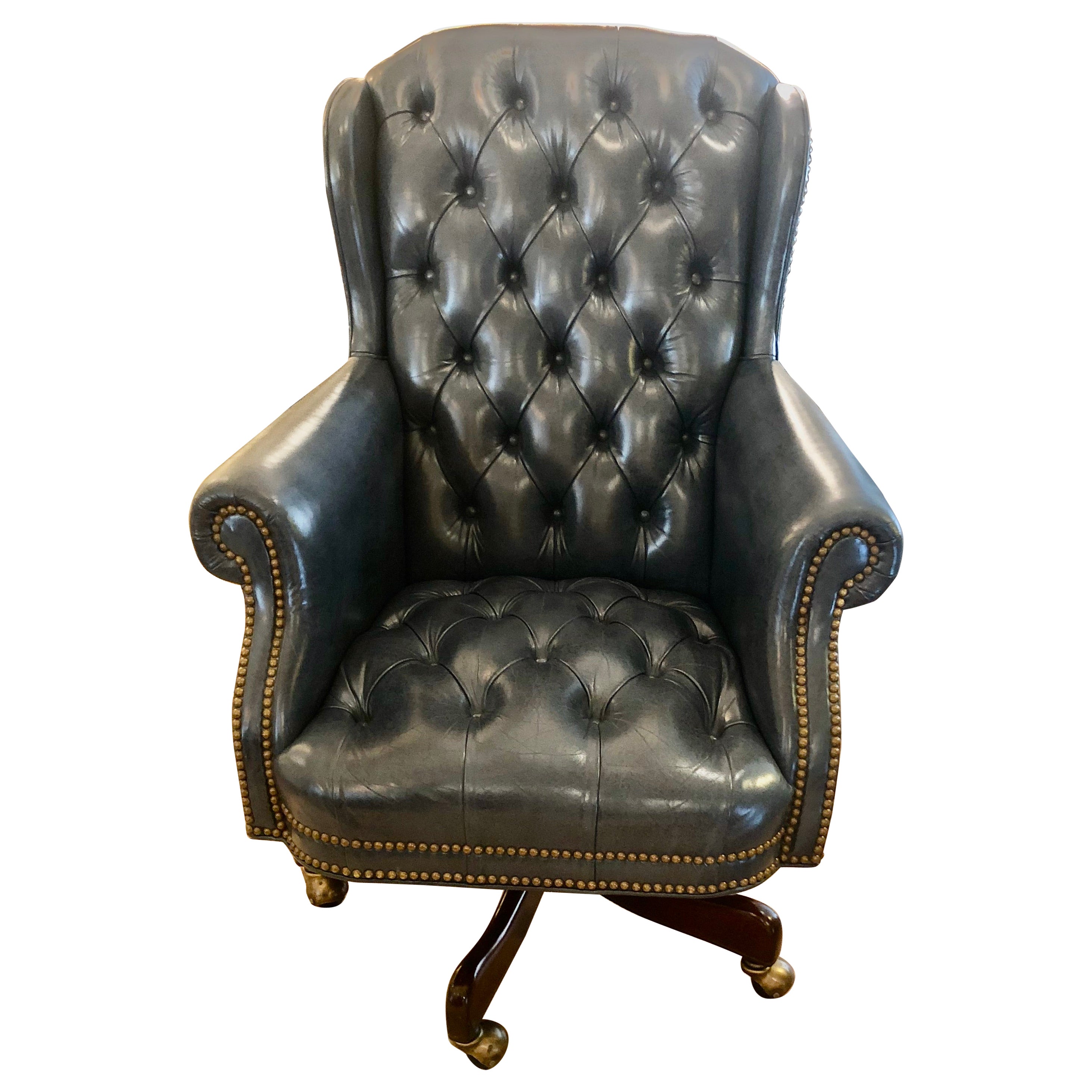 Handsome Blue Leather Tufted Executive Swivel Desk Chair