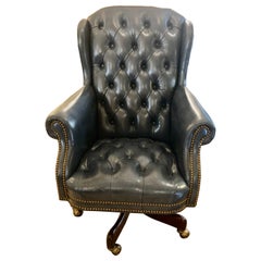 Handsome Blue Leather Tufted Executive Swivel Desk Chair