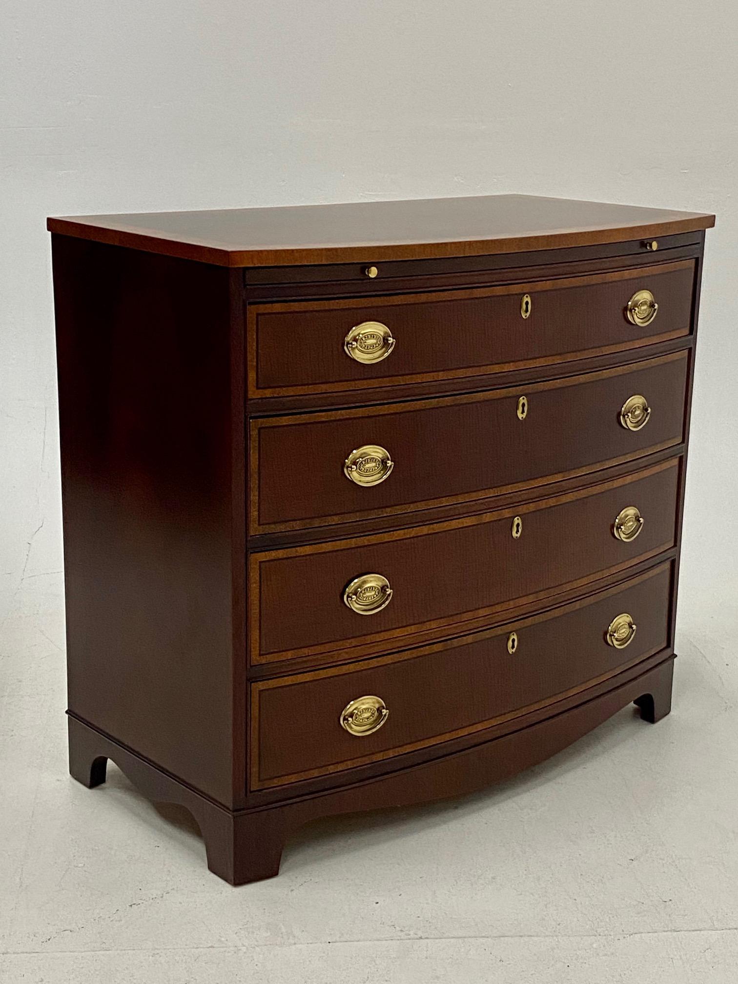 North American Handsome Bow Front Mahogany and Satinwood Bachelors Chest of Drawers