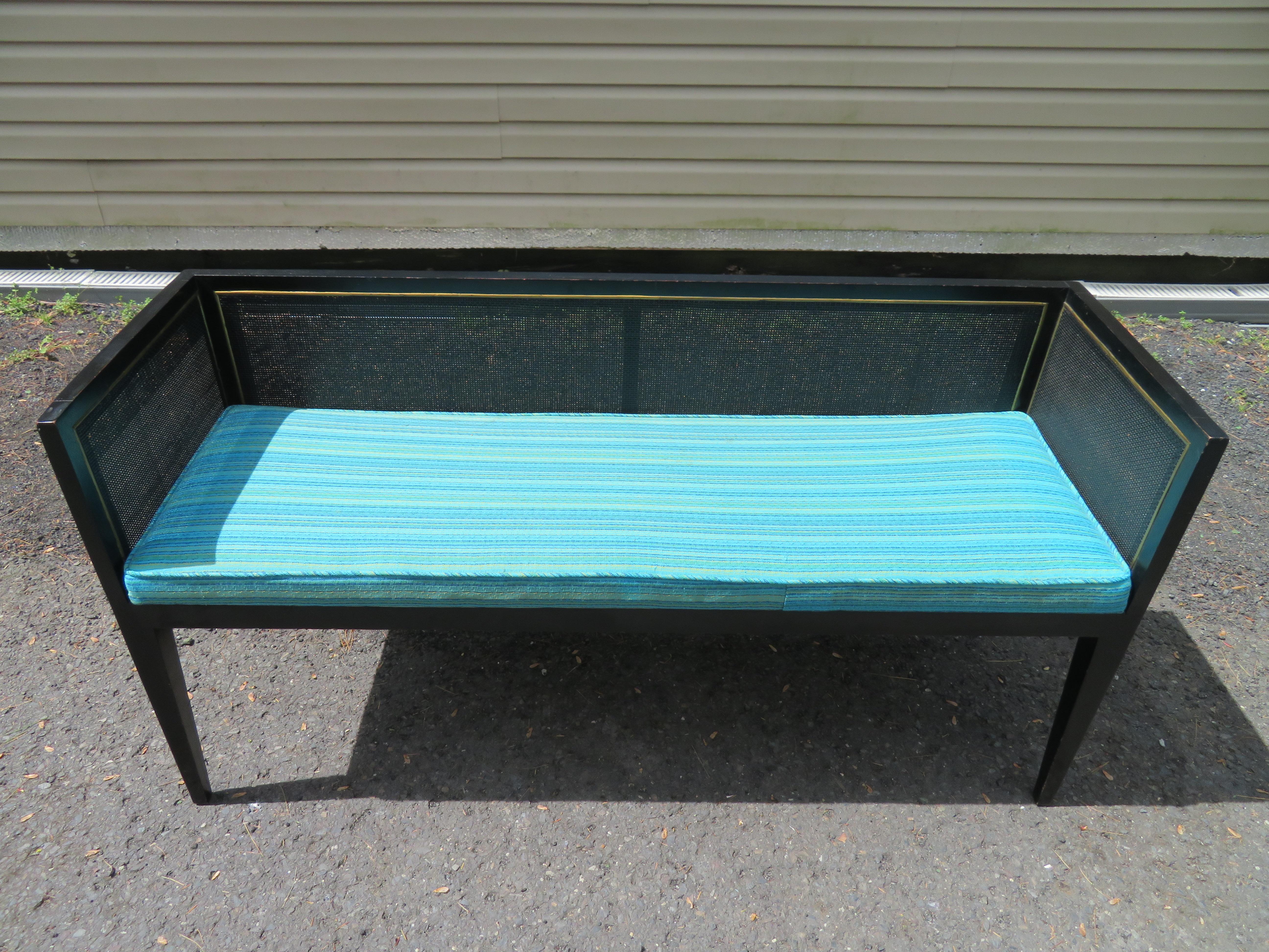 Hollywood Regency Handsome Boxy Caned Bench Mid-Century Modern For Sale