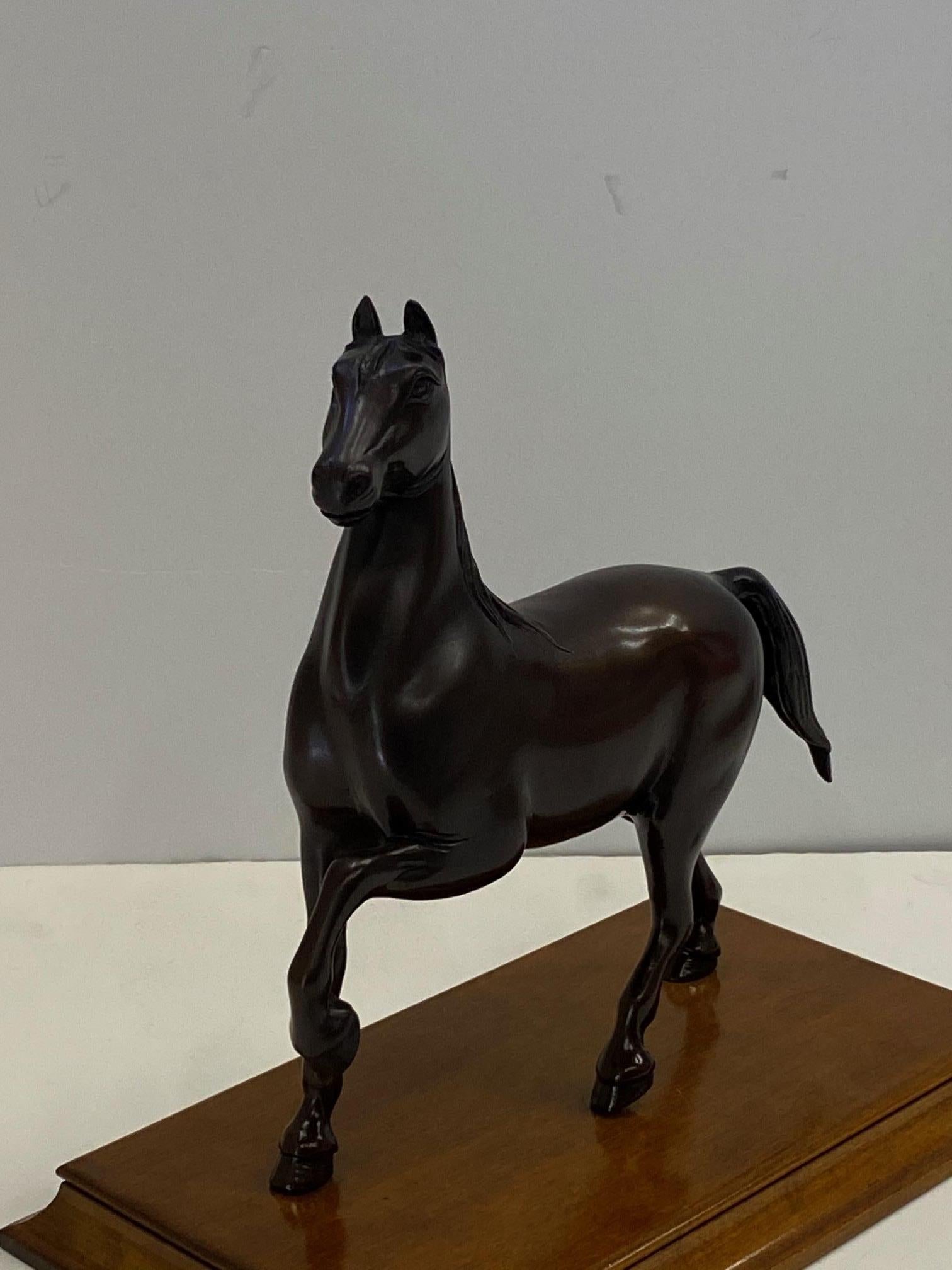Handsome Bronze Horse on Wooden Base In Good Condition For Sale In Hopewell, NJ