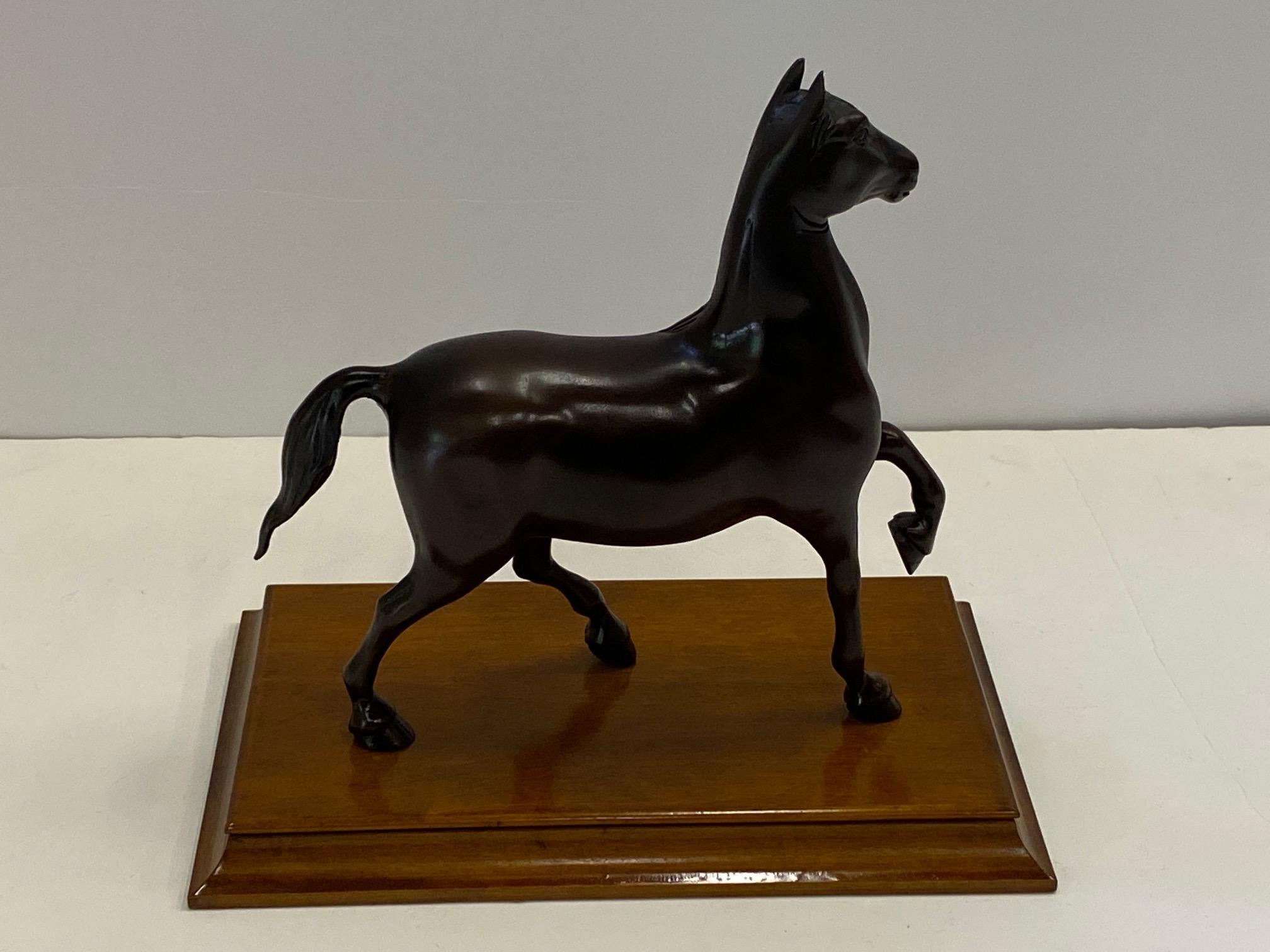 Handsome Bronze Horse on Wooden Base For Sale 1