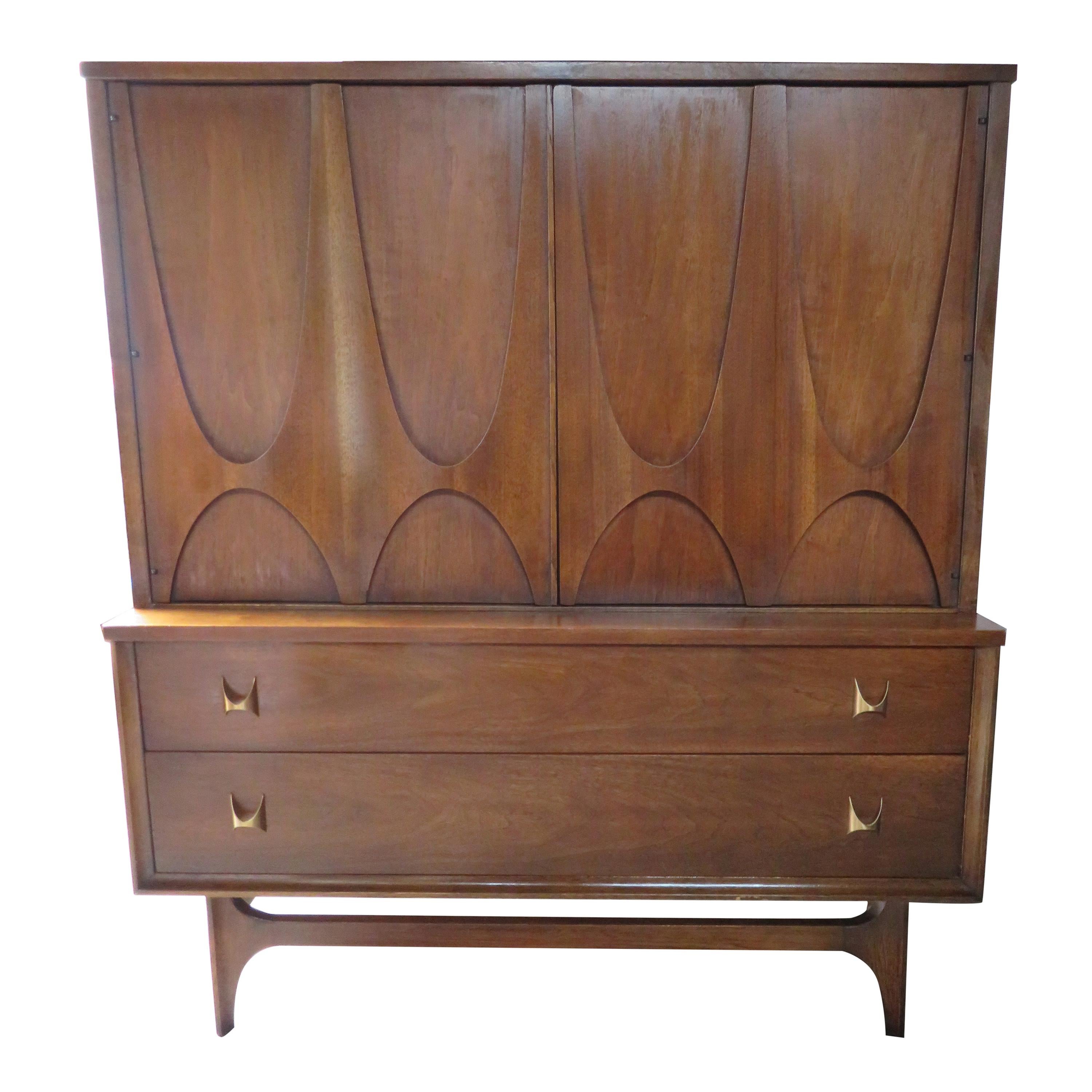 Handsome Broyhill Brasilia Tall Sculptural Walnut Chest Dresser Midcentury