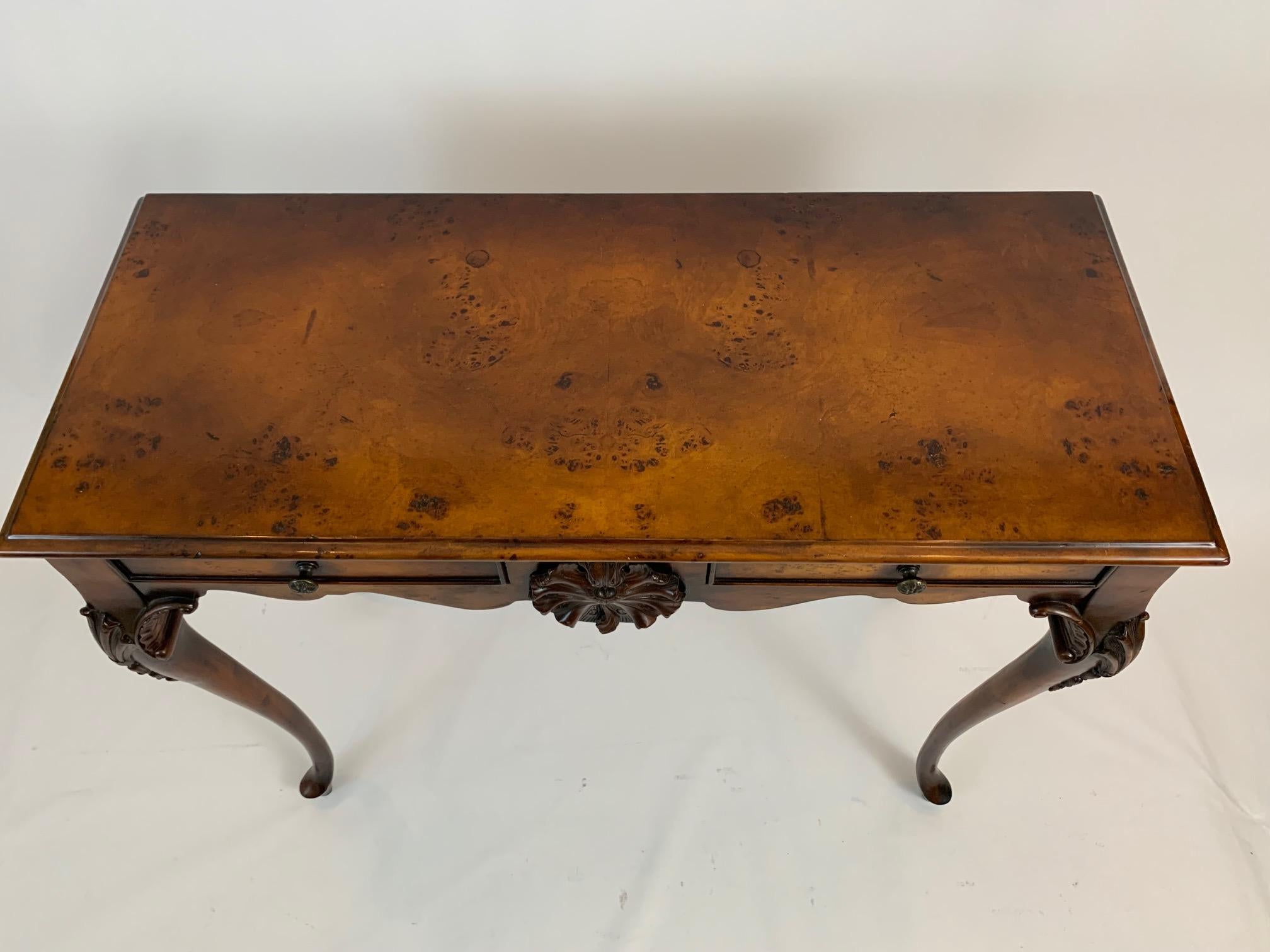 Handsome Burlwood Console Table with Two Drawers For Sale 1