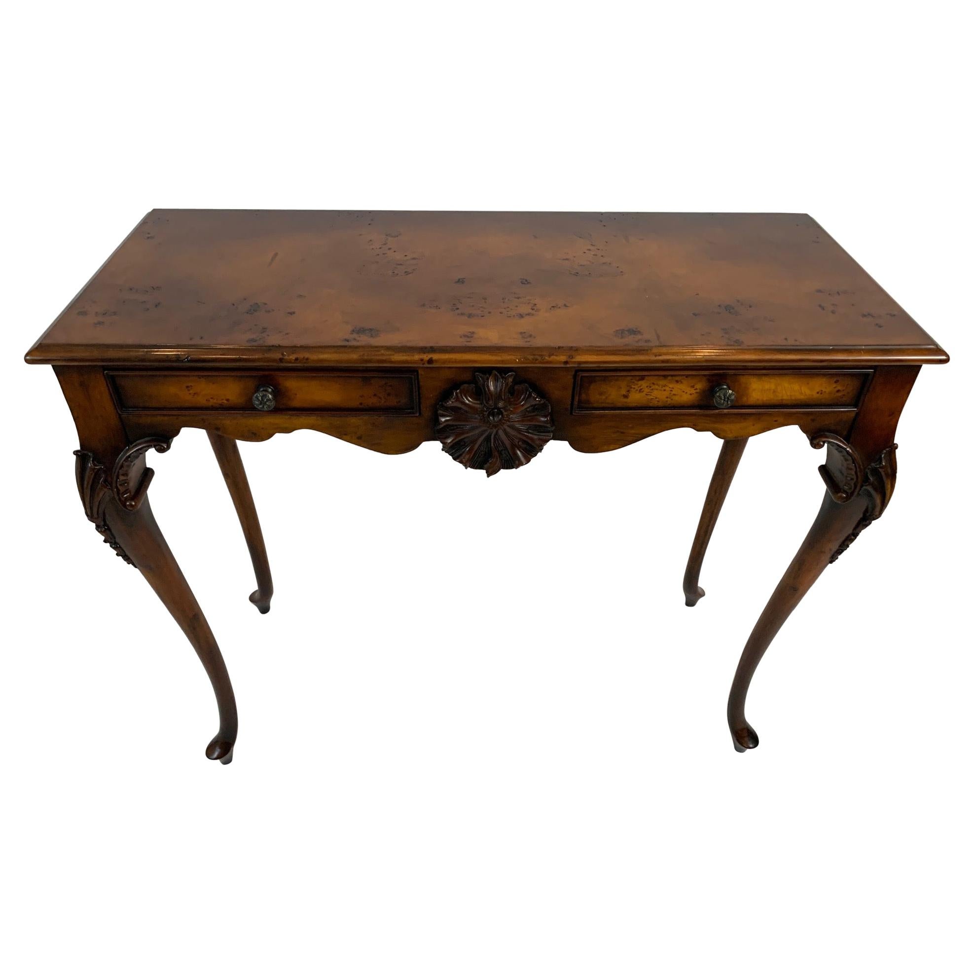 Handsome Burlwood Console Table with Two Drawers