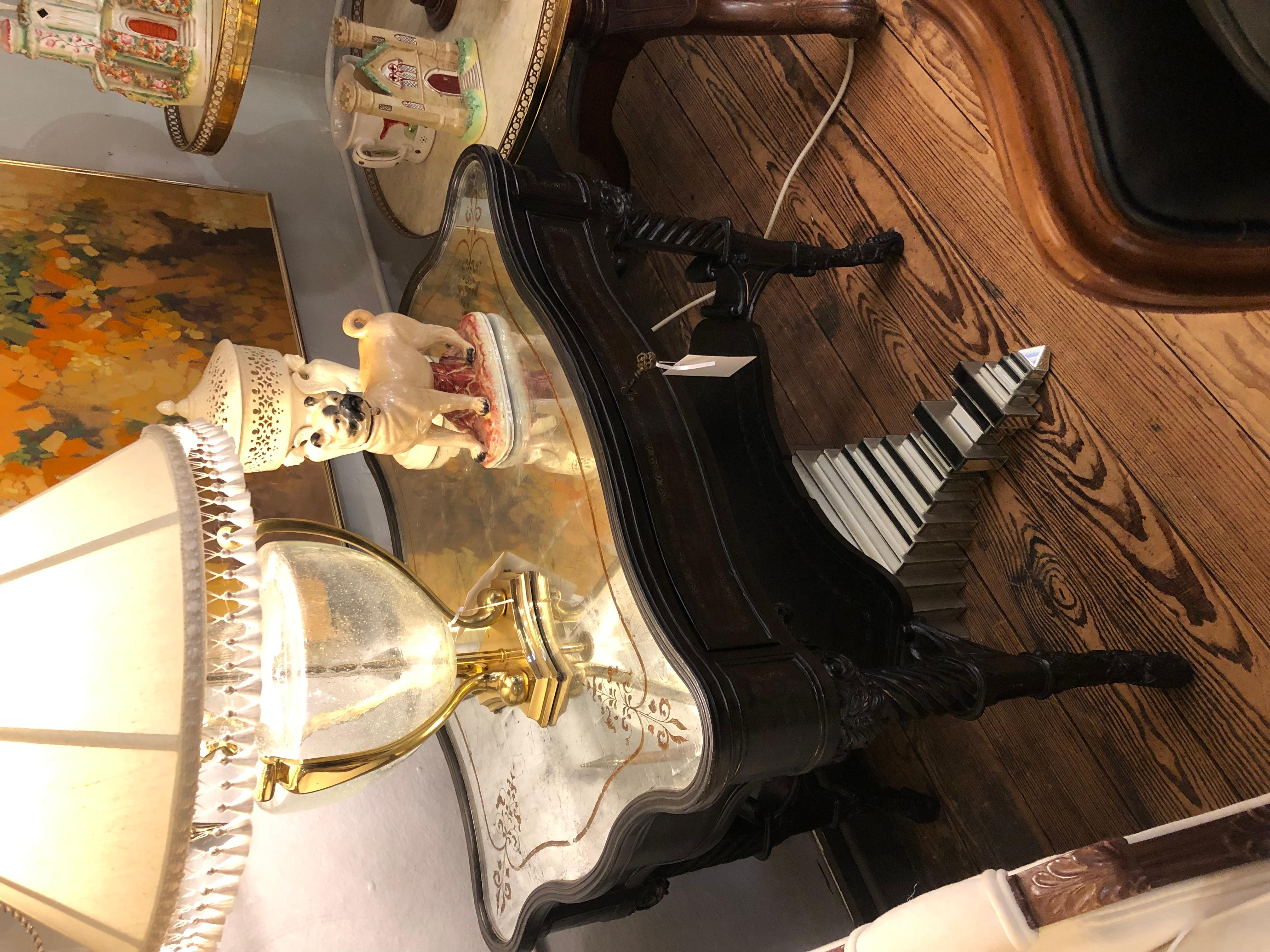 Handsome Carved Ebonized Wood Side Table with Aged Mirror Top 1