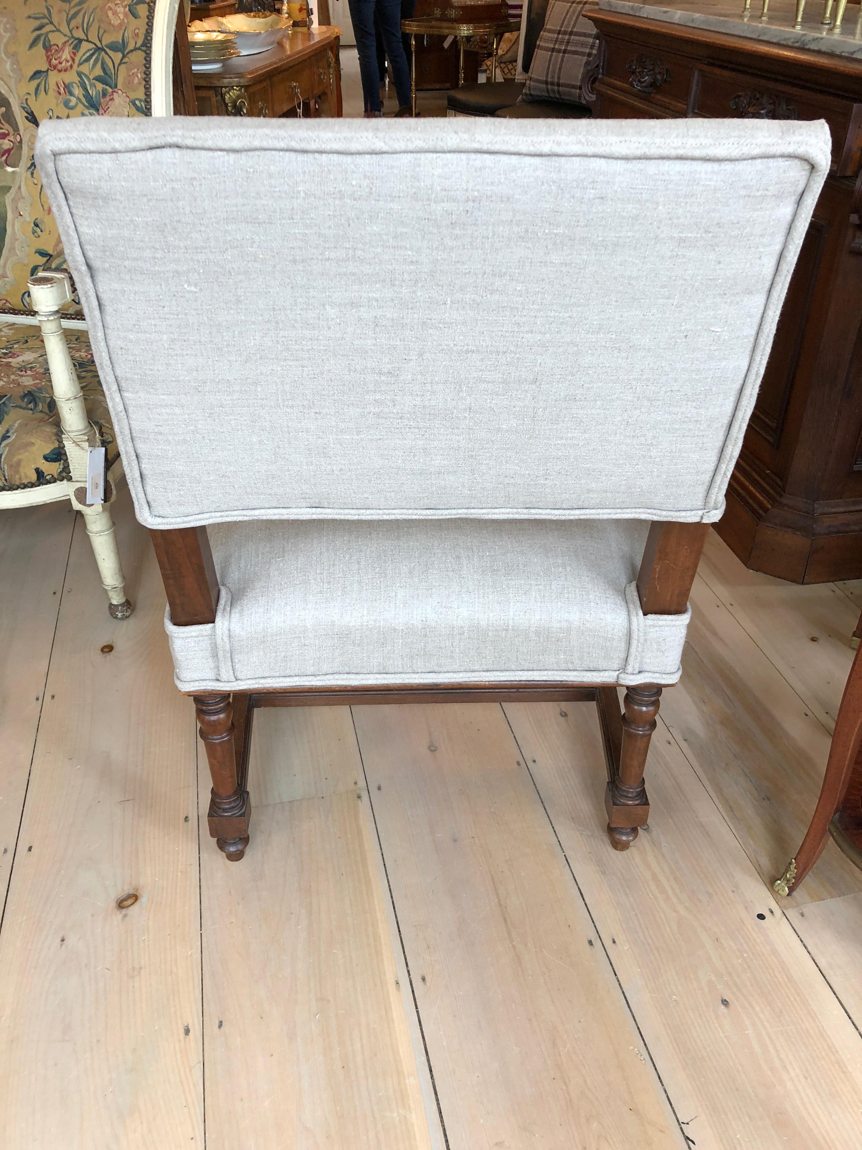 Handsome Carved Walnut and Linen Armchair with Ram's Heads In Excellent Condition In Hopewell, NJ
