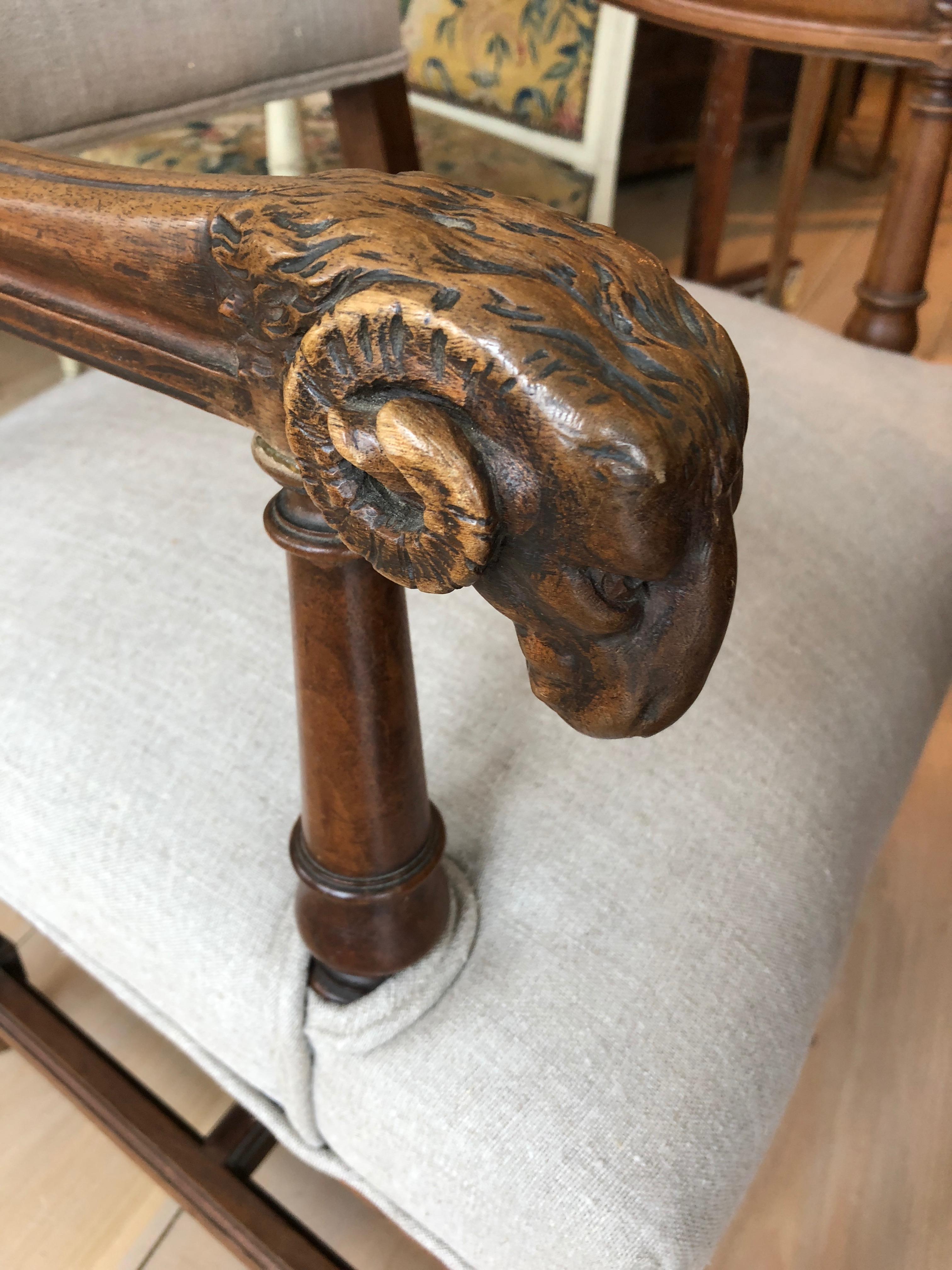 19th Century Handsome Carved Walnut and Linen Armchair with Ram's Heads