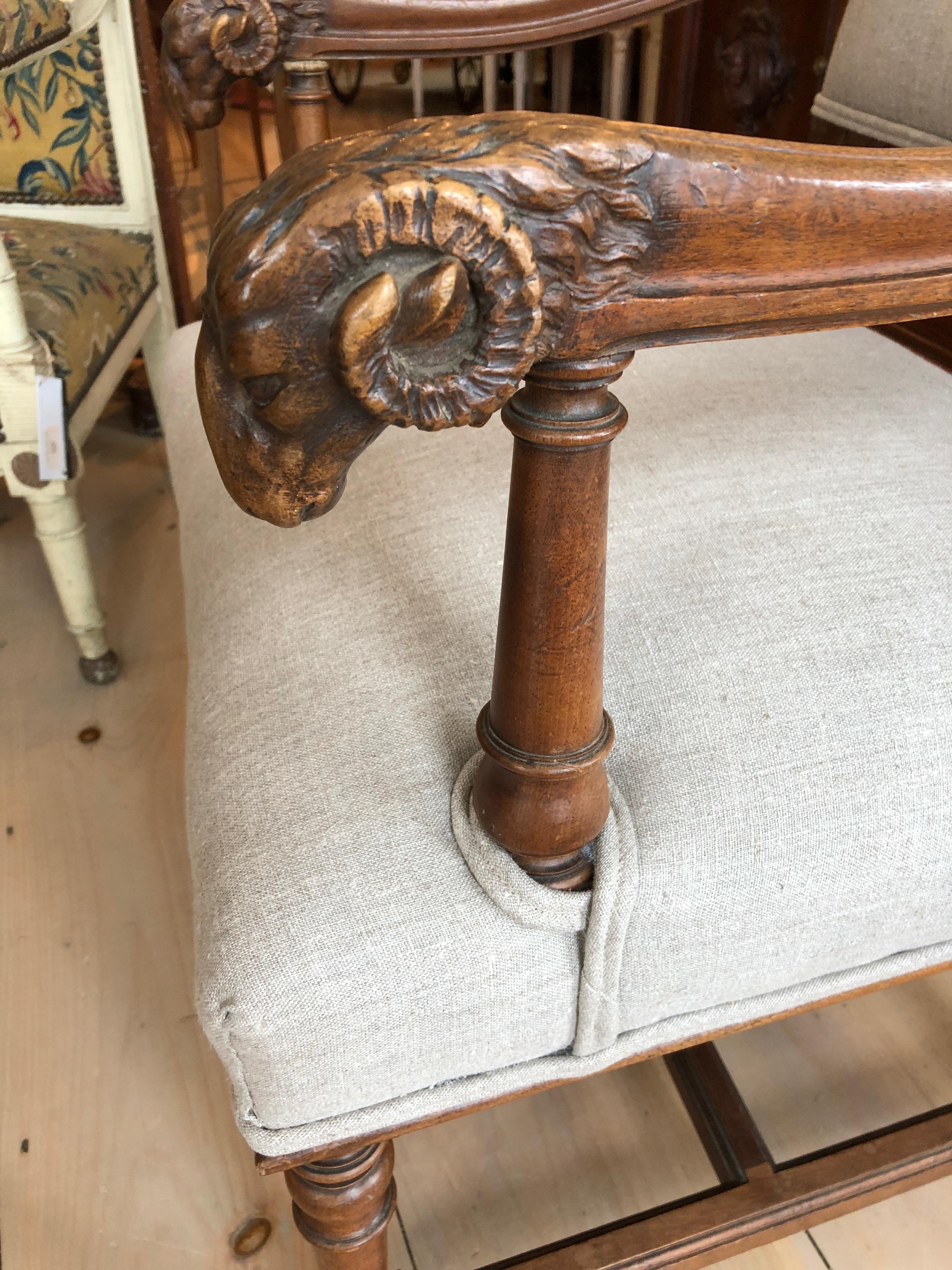 Handsome Carved Walnut and Linen Armchair with Ram's Heads 1