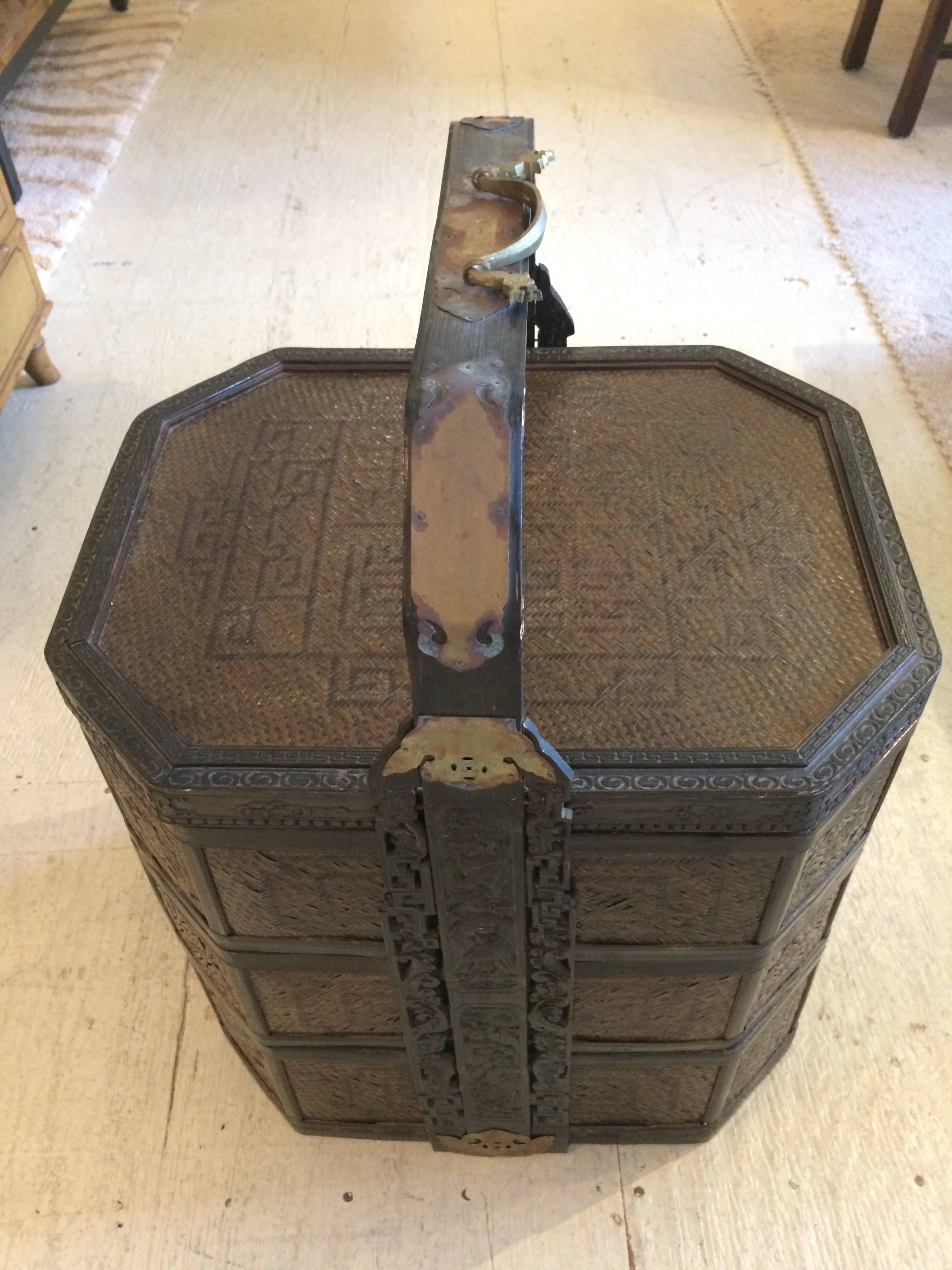 19th Century Handsome Carved Wood and Rattan Chinese Wedding Basket End Table