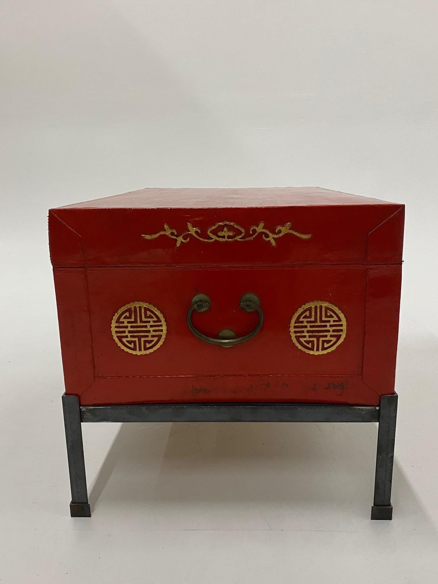 Handsome Chinese Red Trunk on Custom Iron Stand 5