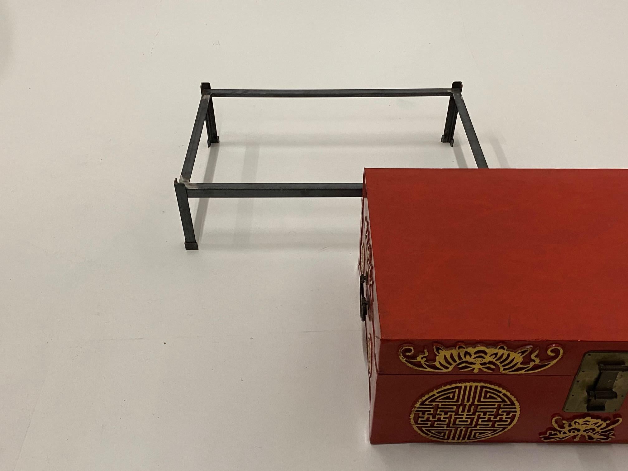 Handsome Chinese Red Trunk on Custom Iron Stand 6