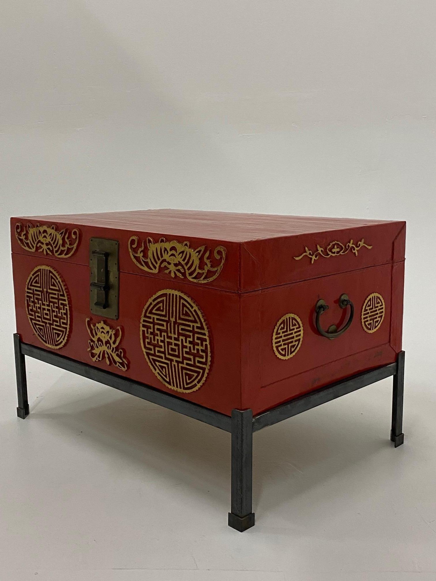 Chinese Export Handsome Chinese Red Trunk on Custom Iron Stand