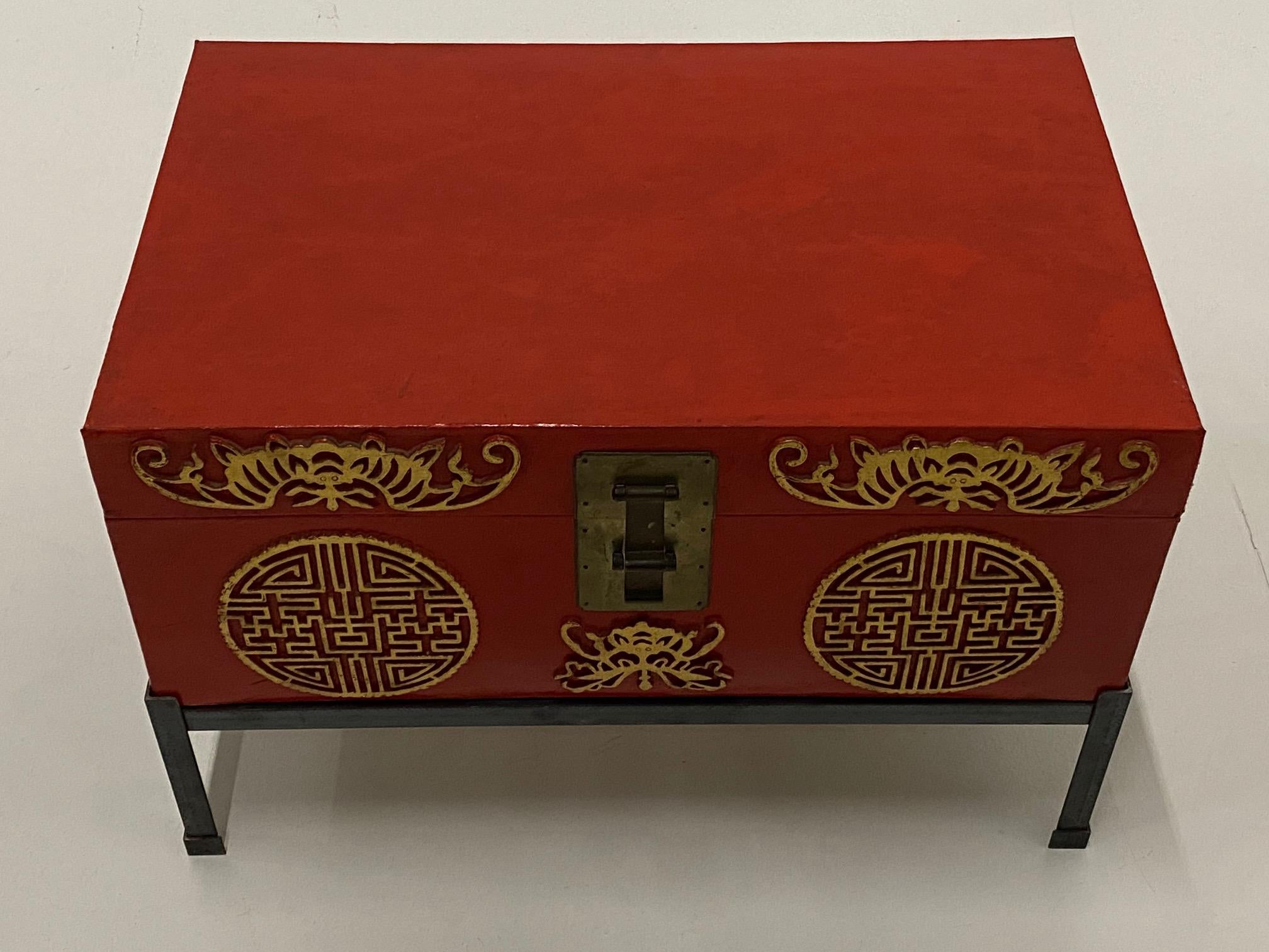 Handsome Chinese Red Trunk on Custom Iron Stand In Good Condition In Hopewell, NJ