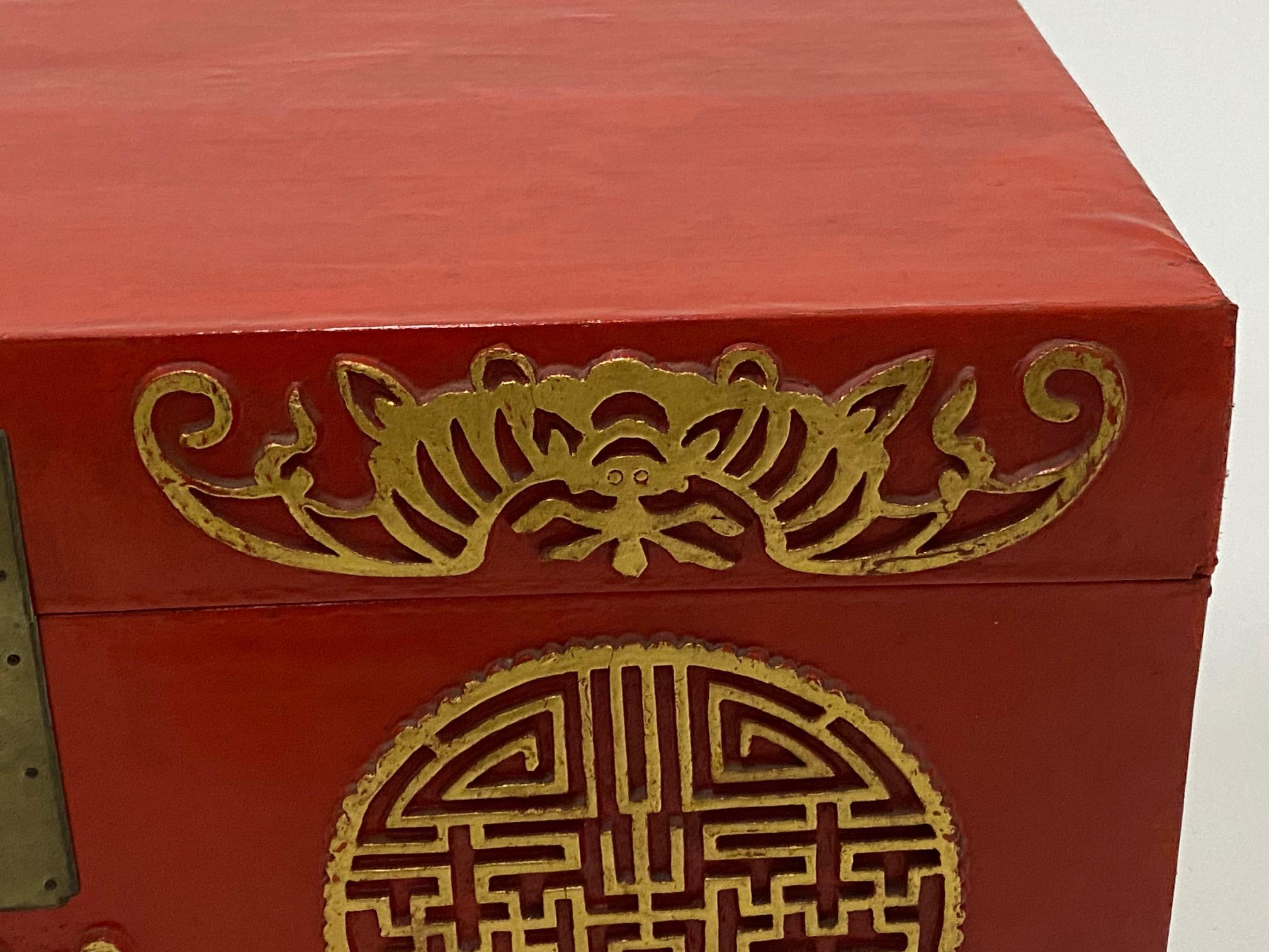 Handsome Chinese Red Trunk on Custom Iron Stand 1