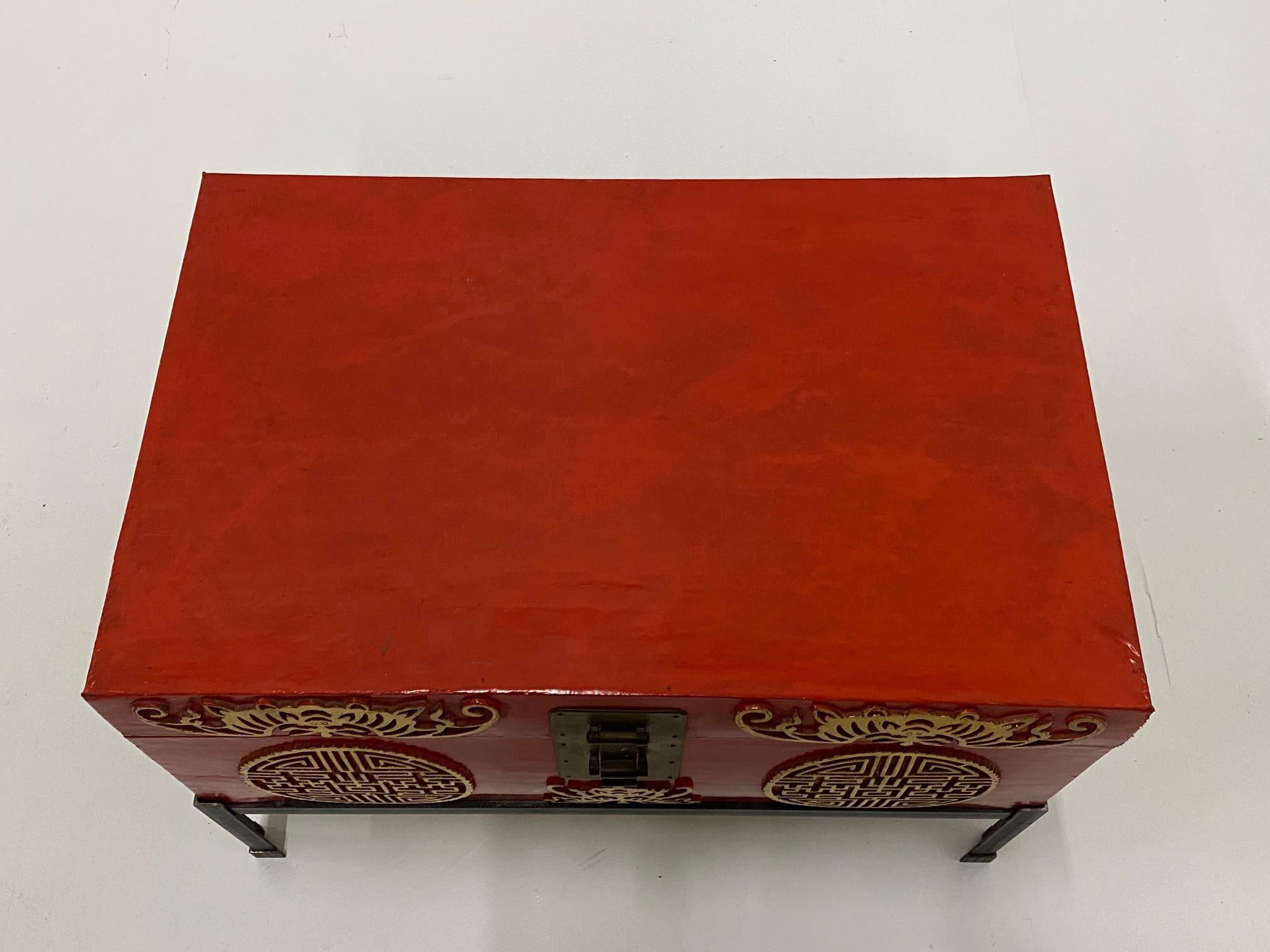 Handsome Chinese Red Trunk on Custom Iron Stand 4