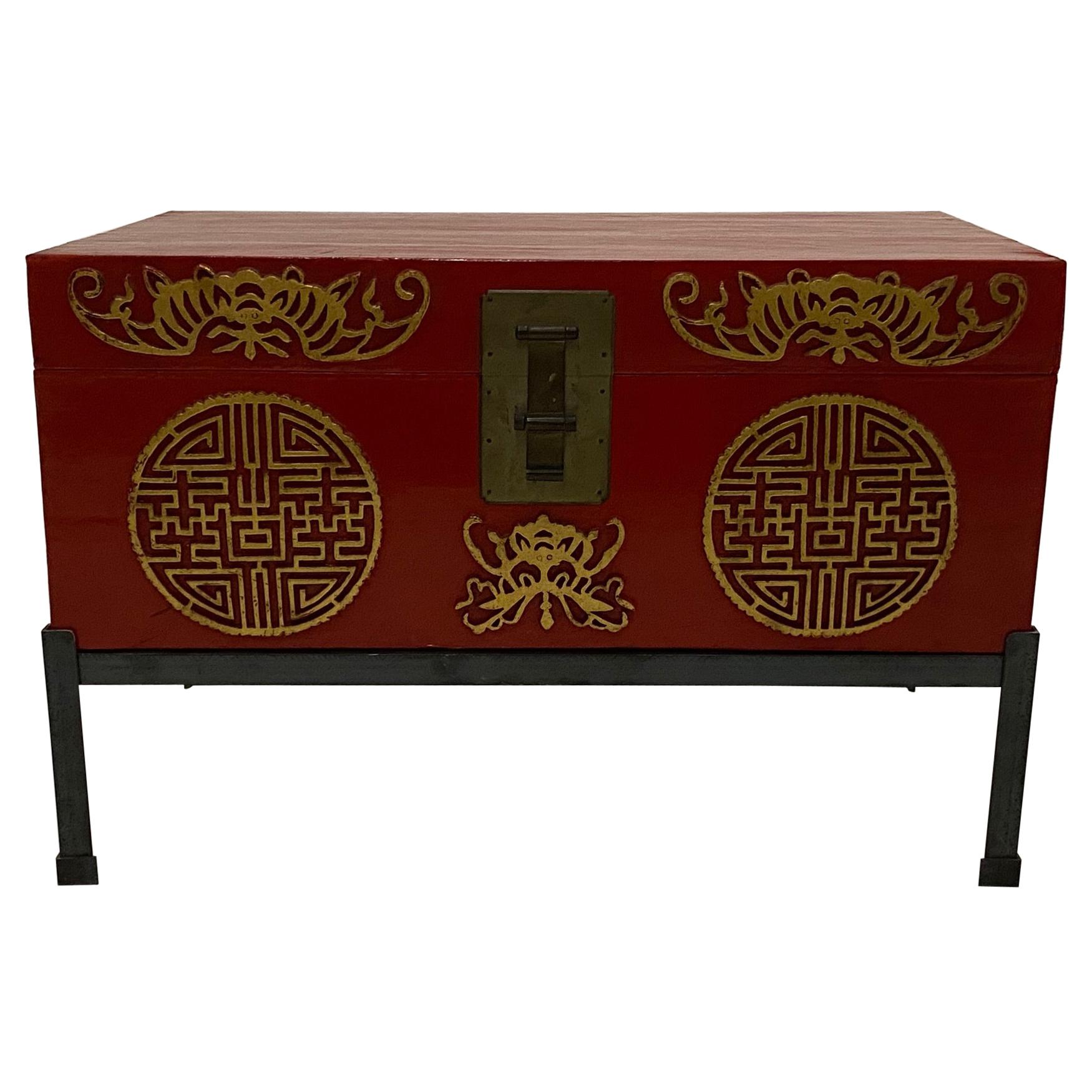 Handsome Chinese Red Trunk on Custom Iron Stand