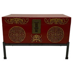 Antique Handsome Chinese Red Trunk on Custom Iron Stand
