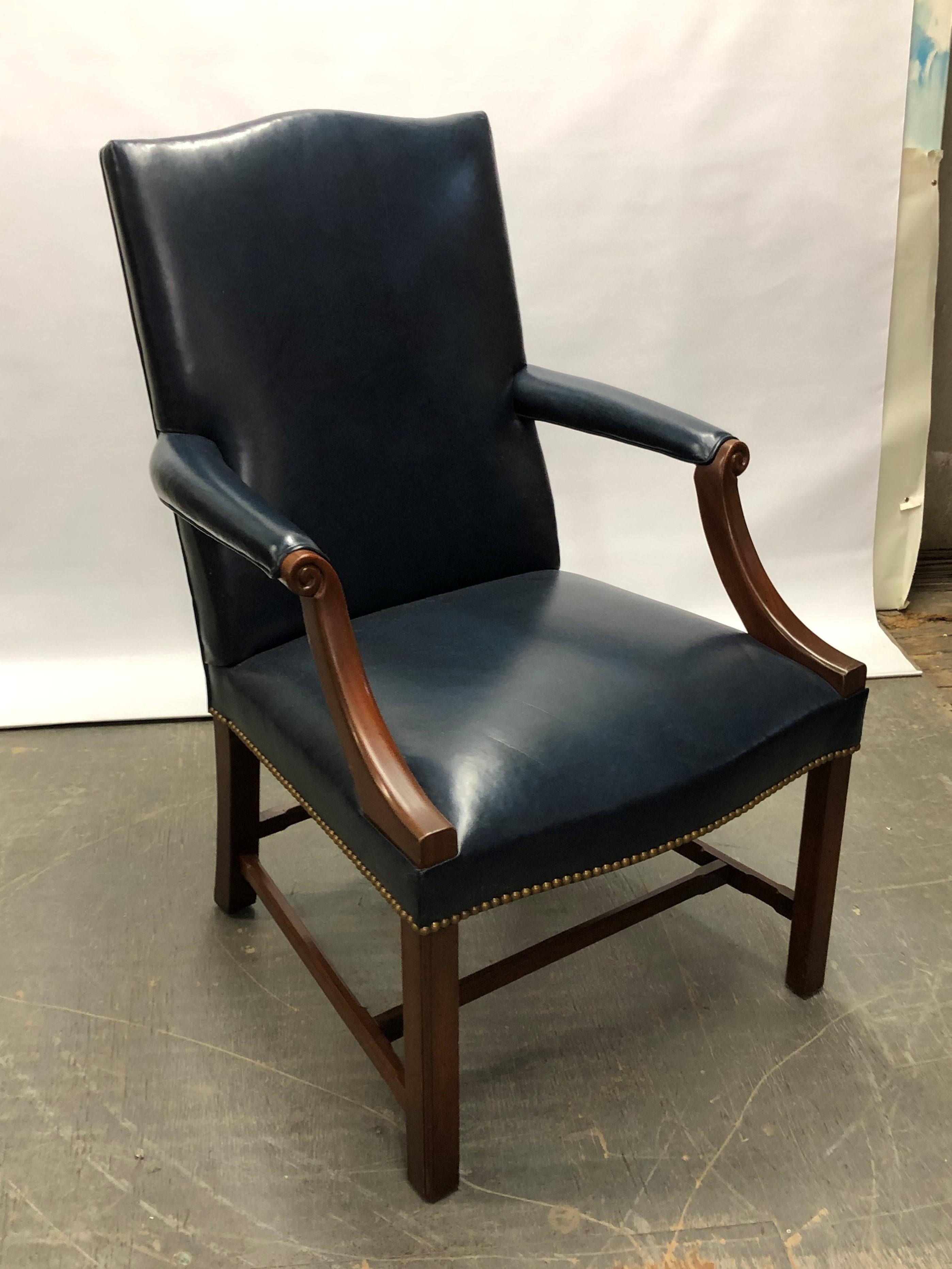 Handsome Chippendale Style Gainsborough Mahogany Armchair in Blue Hide In Excellent Condition In North Salem, NY