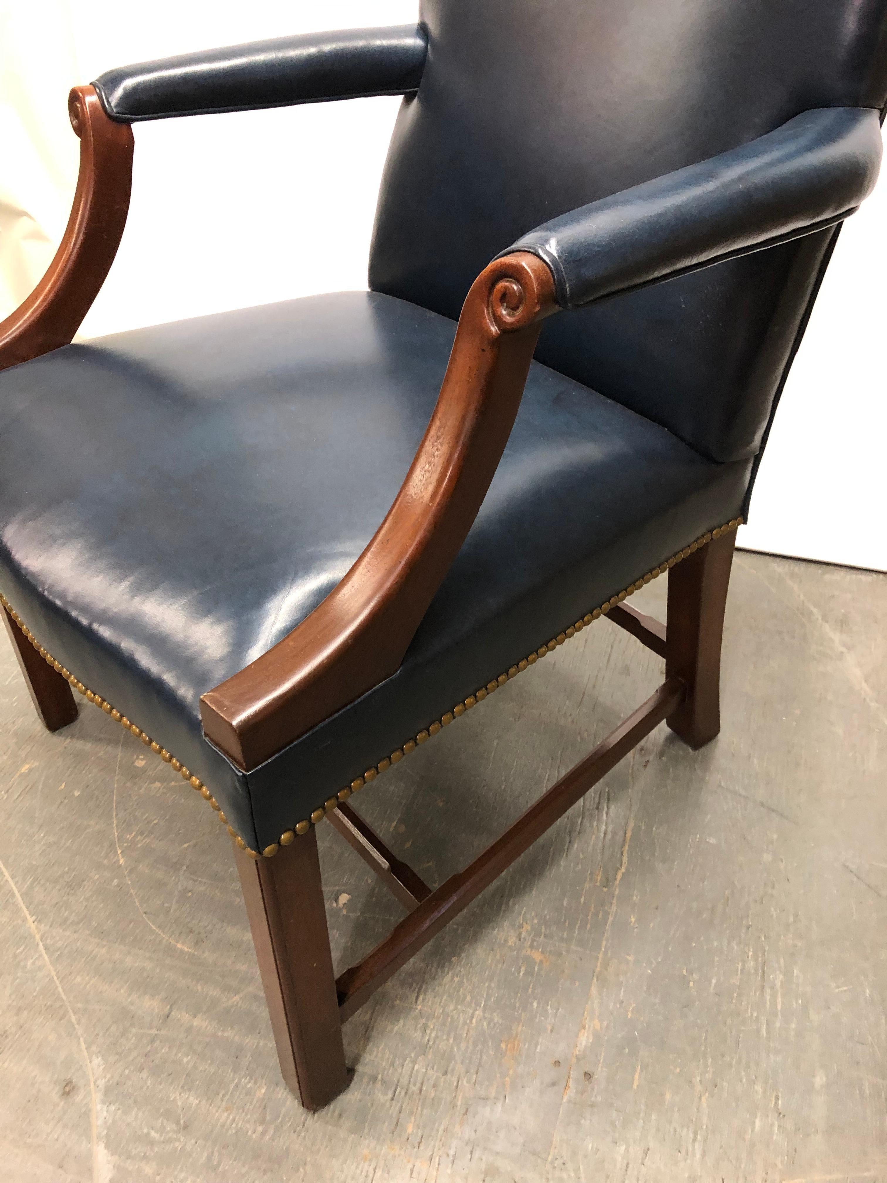 Brass Handsome Chippendale Style Gainsborough Mahogany Armchair in Blue Hide
