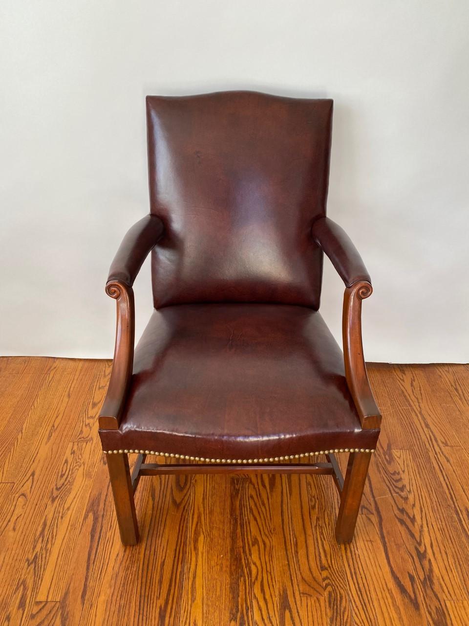 Hand-Knotted New Chippendale Style Gainsborough Mahogany Armchair in Hide