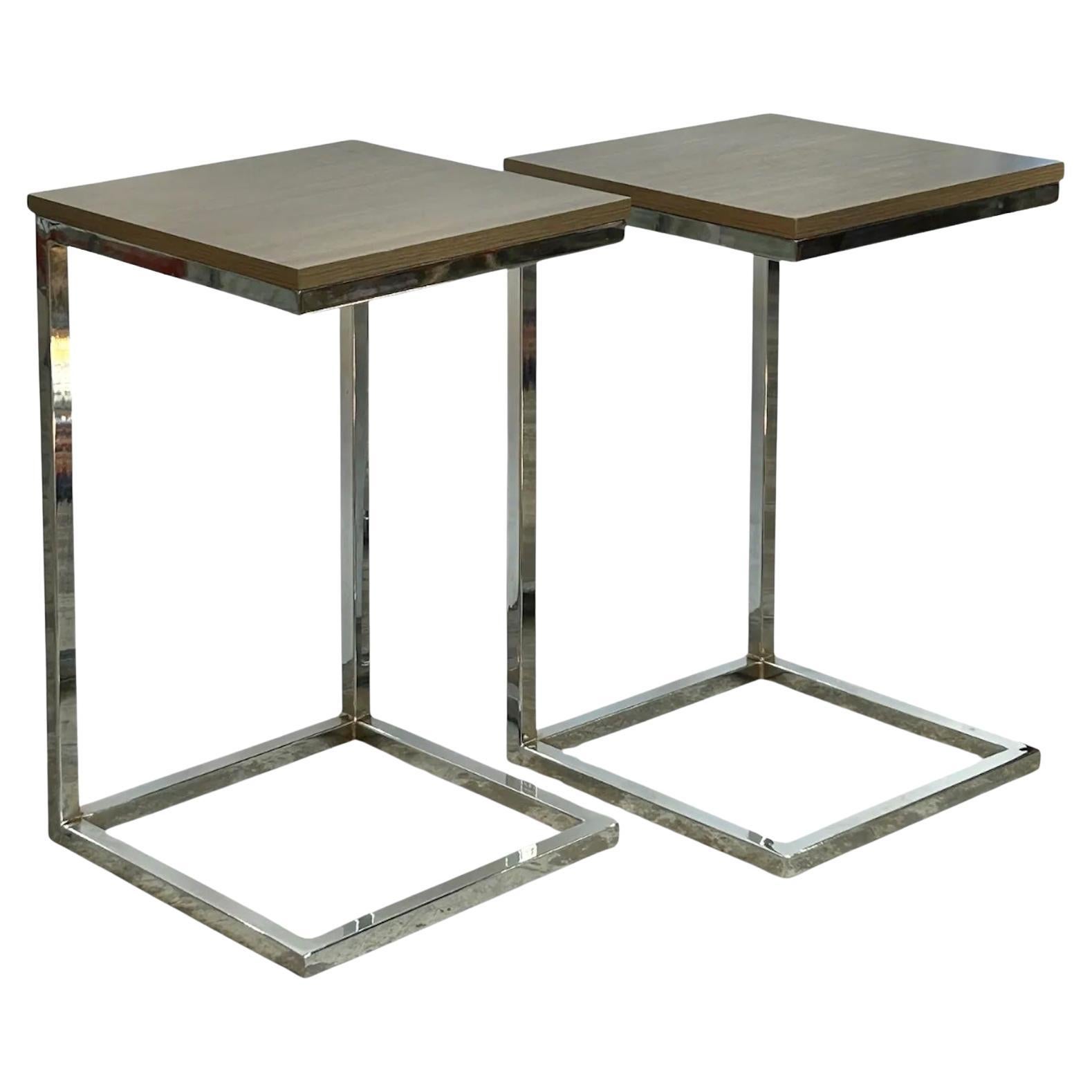 Handsome Chrome And Wood Tone C Side Tables. Priced Per Table.