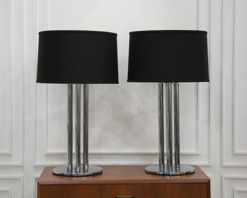 Mid-Century Modern Handsome Chrome Column Lamps, Pair