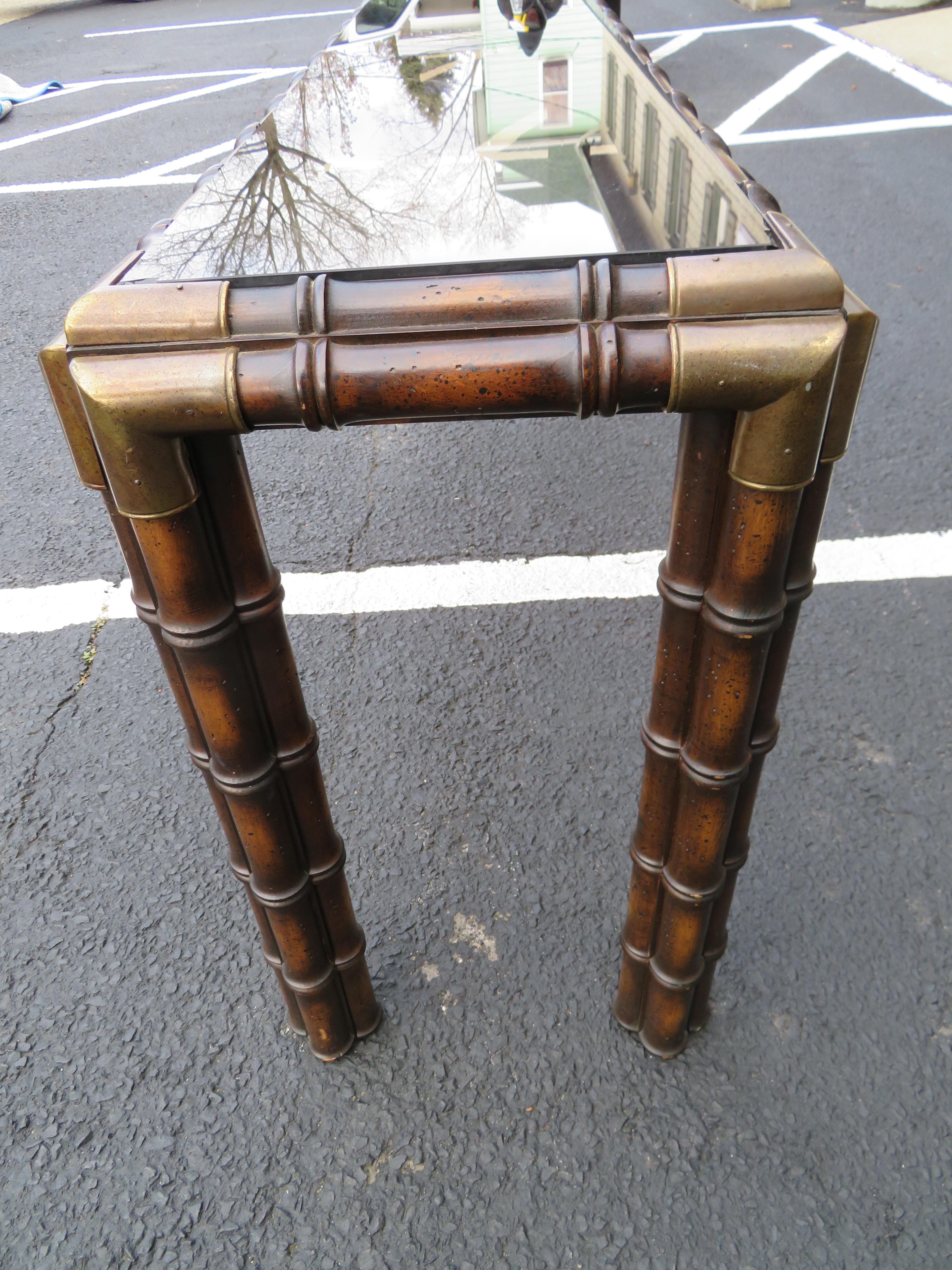 Brass Handsome Chunky Faux Bamboo Campaign Style Console Table Mid-Century Modern For Sale