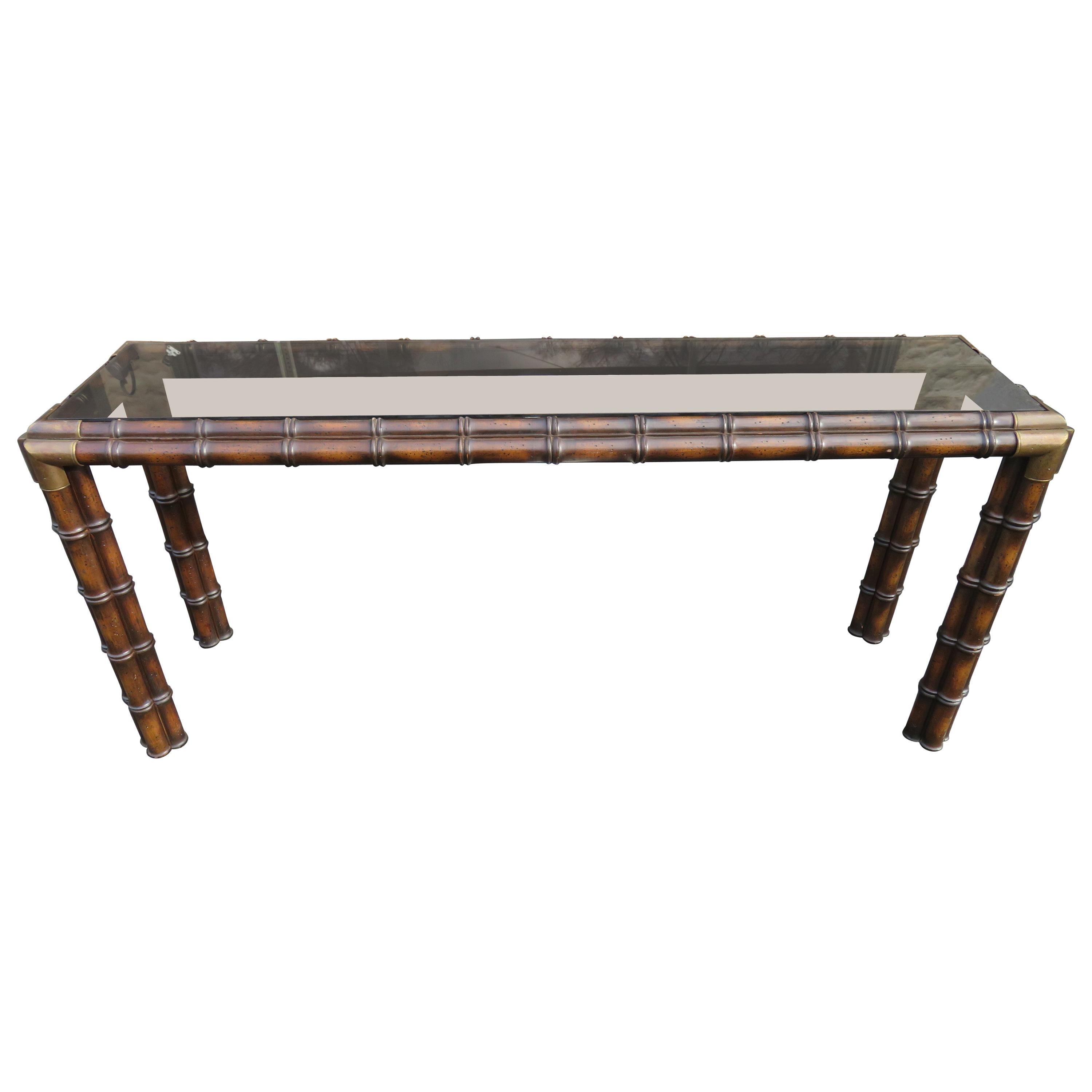 Handsome Chunky Faux Bamboo Campaign Style Console Table Mid-Century Modern For Sale