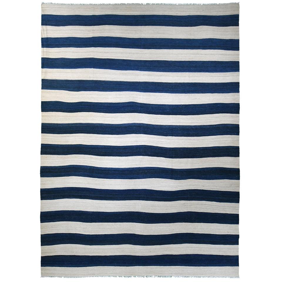 Handsome, Classic Blue and White Striped Dhurri 10′ x 14′ In Good Condition For Sale In Sag Harbor, NY