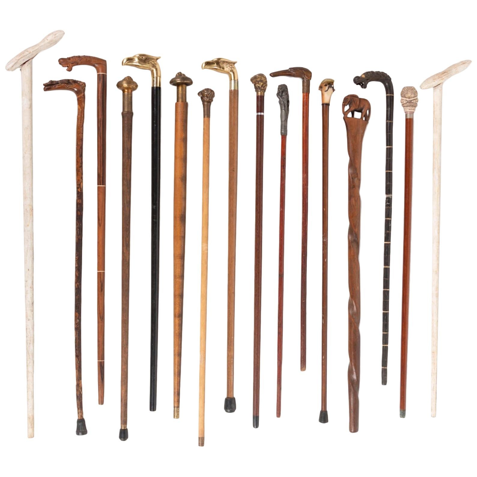 Hübsche Sammlung von 16 englischen Walking Sticks aus dem 19. Jahrhundert, einige mit Dolchen im Angebot