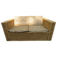 Vintage Handsome Danny Ho Fong Style Wicker Cube Parson Loveseat Mid-Century Modern