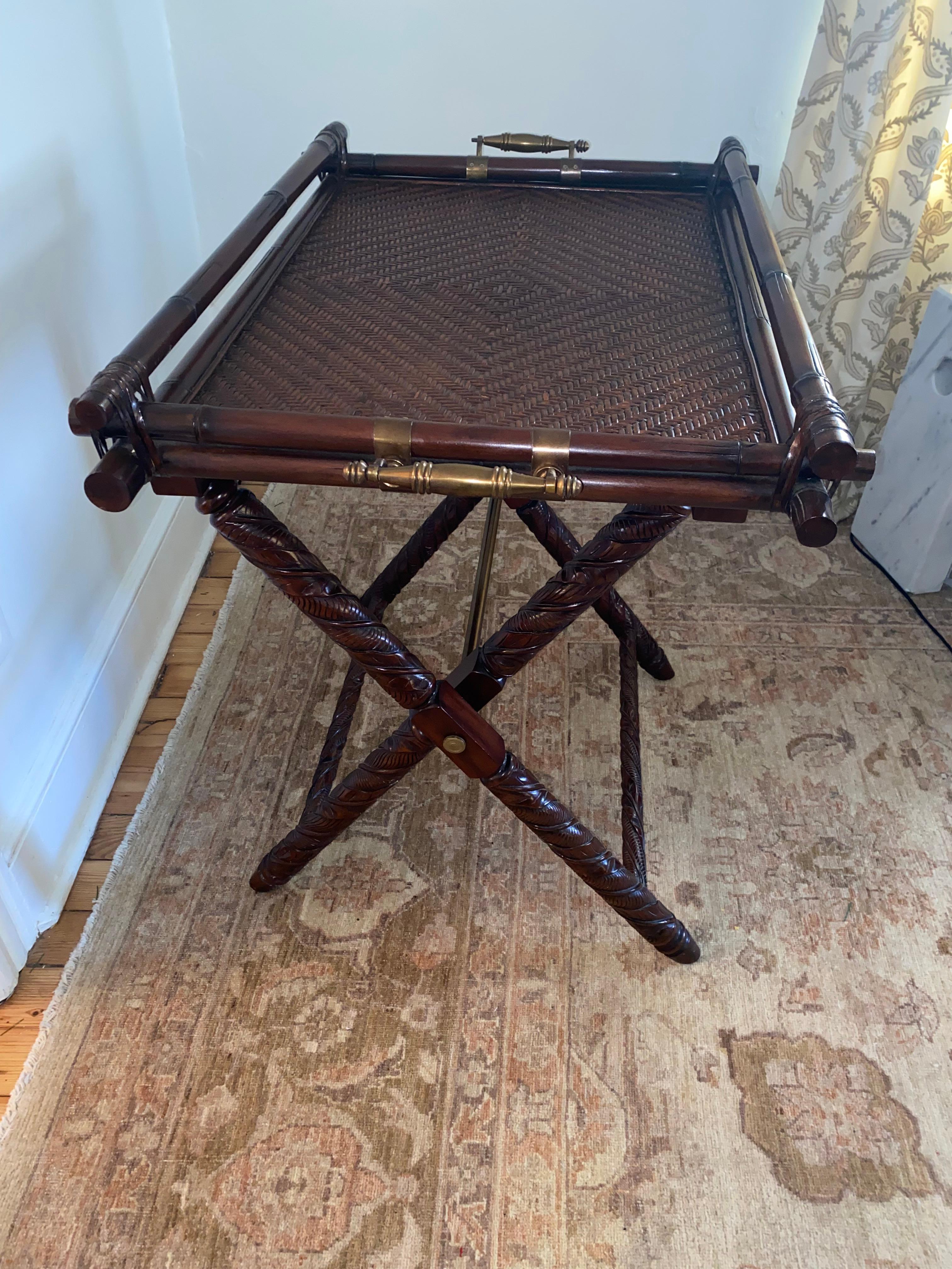 American Handsome Designer Rattan & Mahogany Butlers Tray on Stand For Sale
