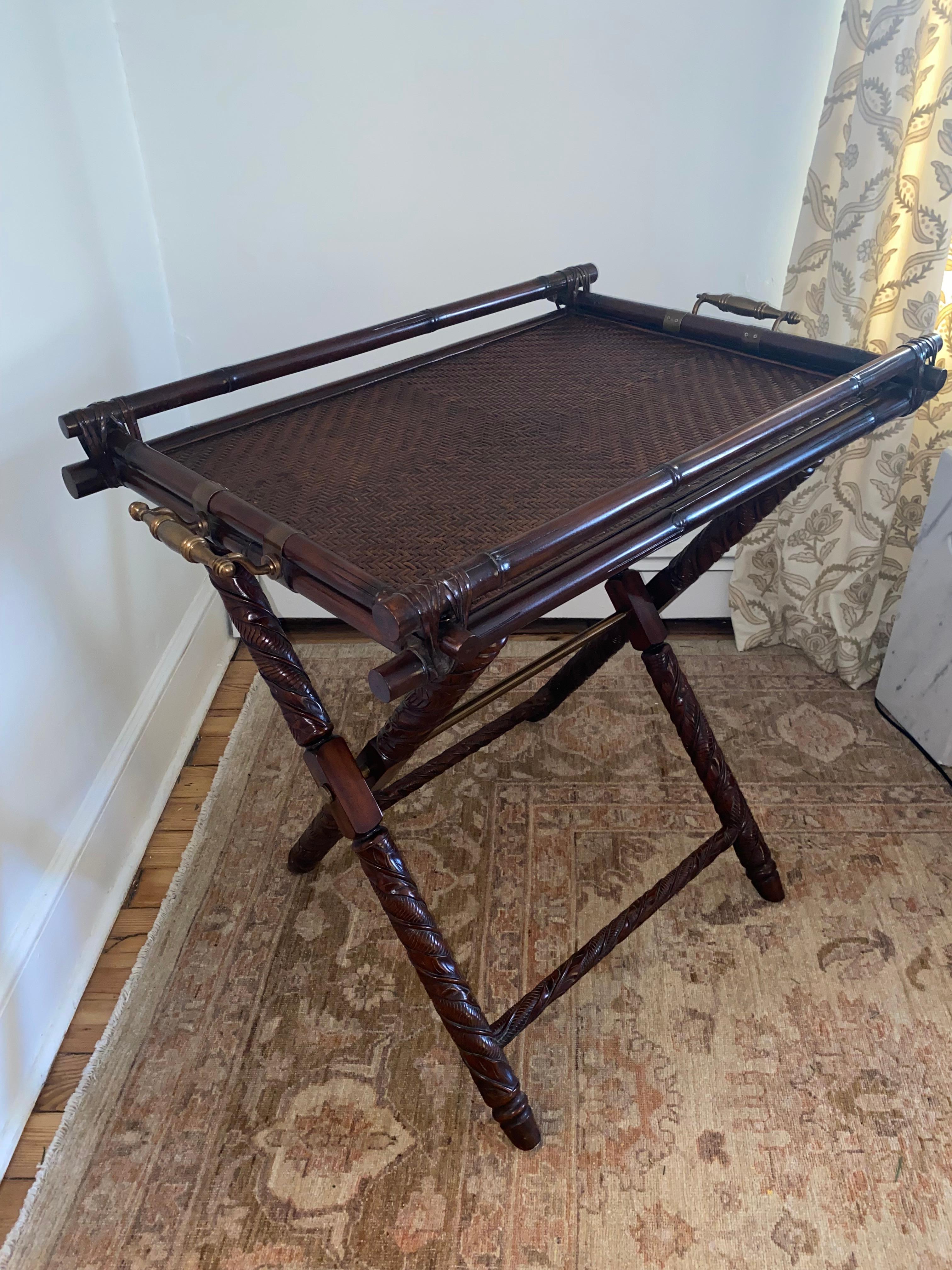 Handsome Designer Rattan & Mahogany Butlers Tray on Stand In Good Condition For Sale In Hopewell, NJ