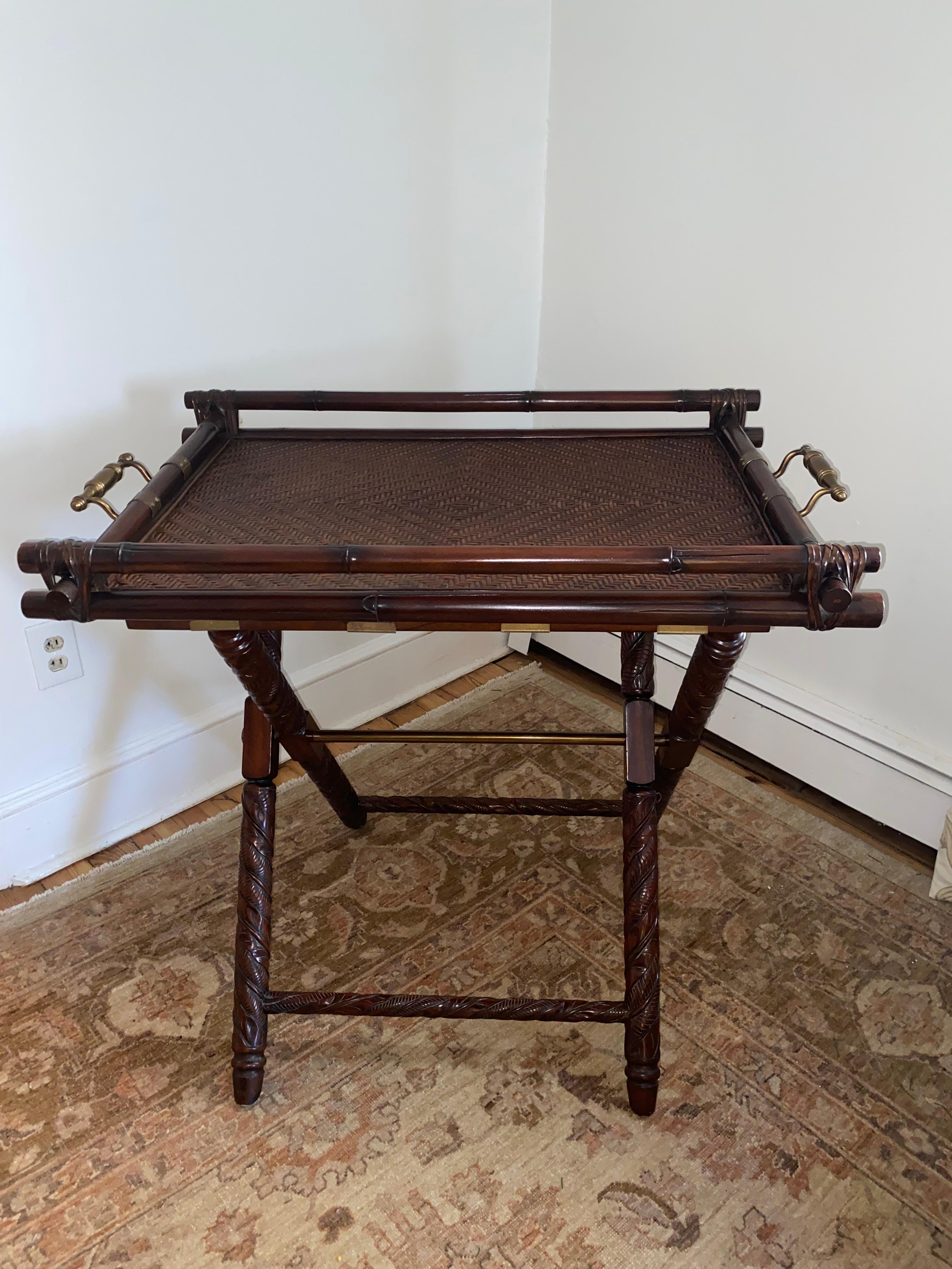 Handsome Designer Rattan & Mahogany Butlers Tray on Stand For Sale 3