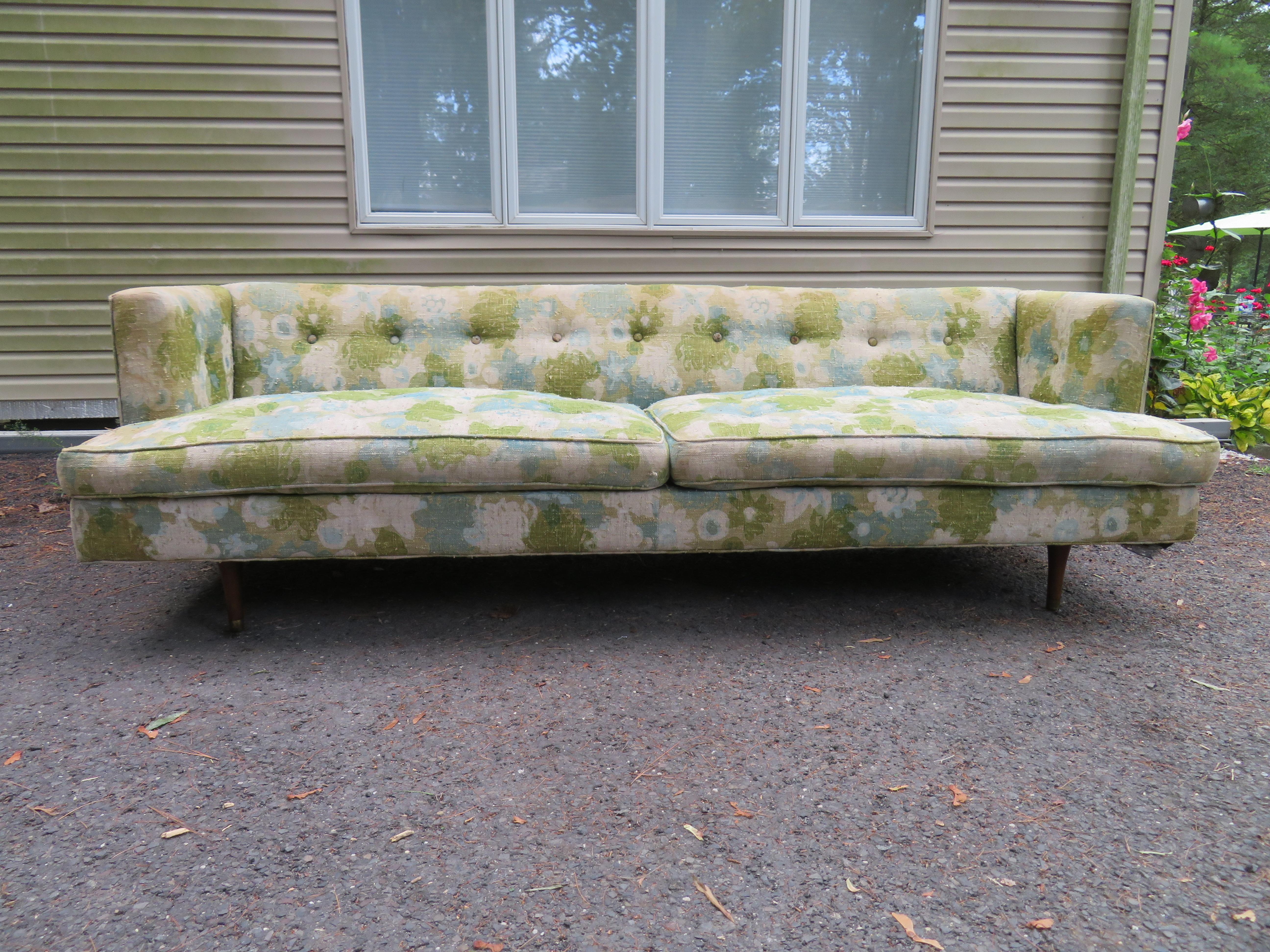 Handsome Classic Dunbar sofa by Edward Wormley. This wonderfully designed sofa is perfect for you designers who need to re-upholster in your clients favourite fabric- the original fabric is worn and the foam is hard.