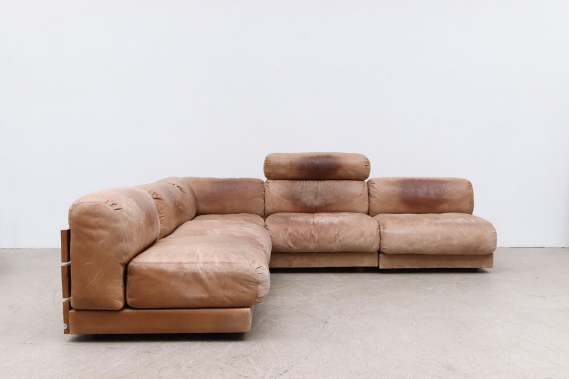 Handsome Dutch Leather and Pine Plank Sectional Sofa In Good Condition In Los Angeles, CA