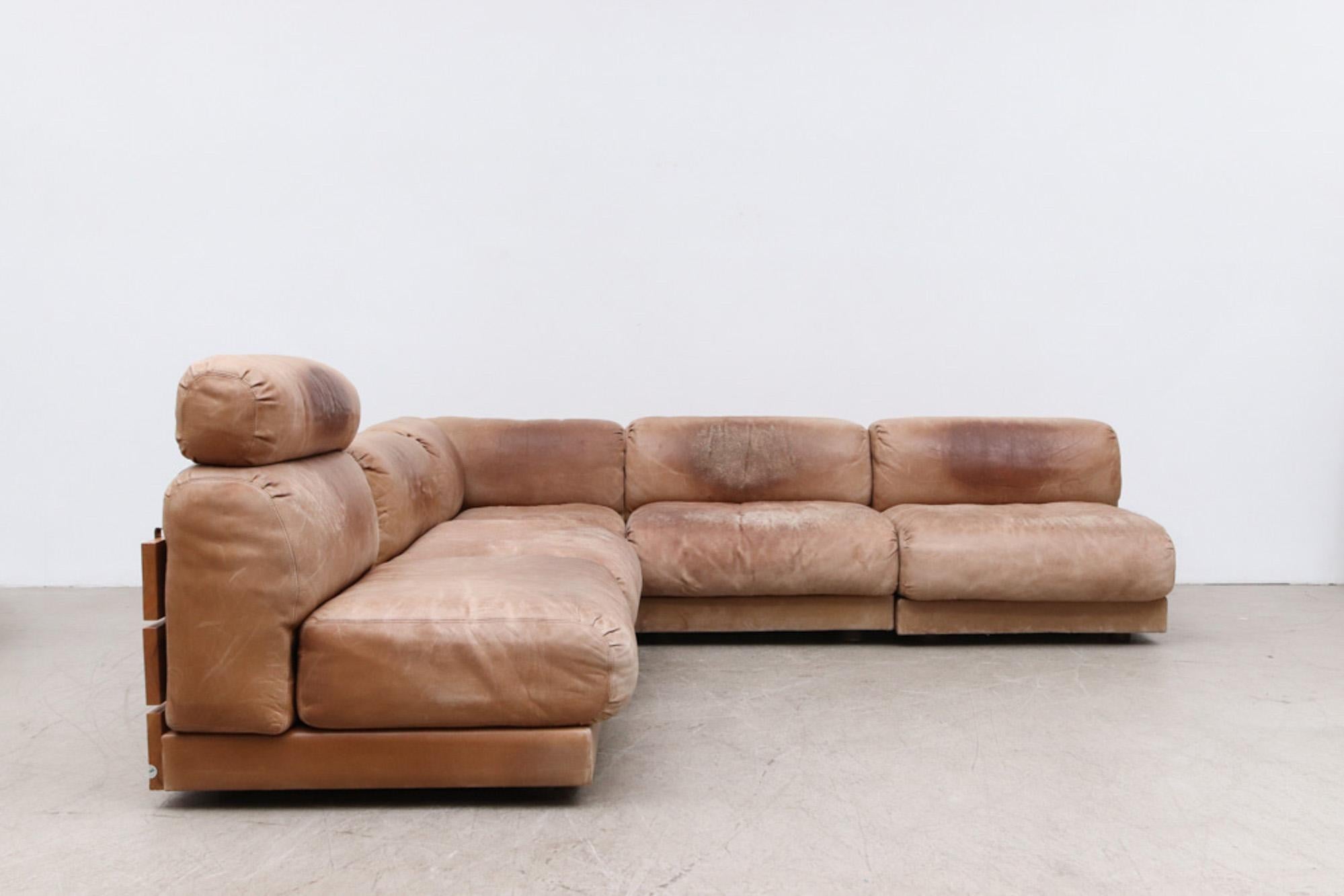 Late 20th Century Handsome Dutch Leather and Pine Plank Sectional Sofa