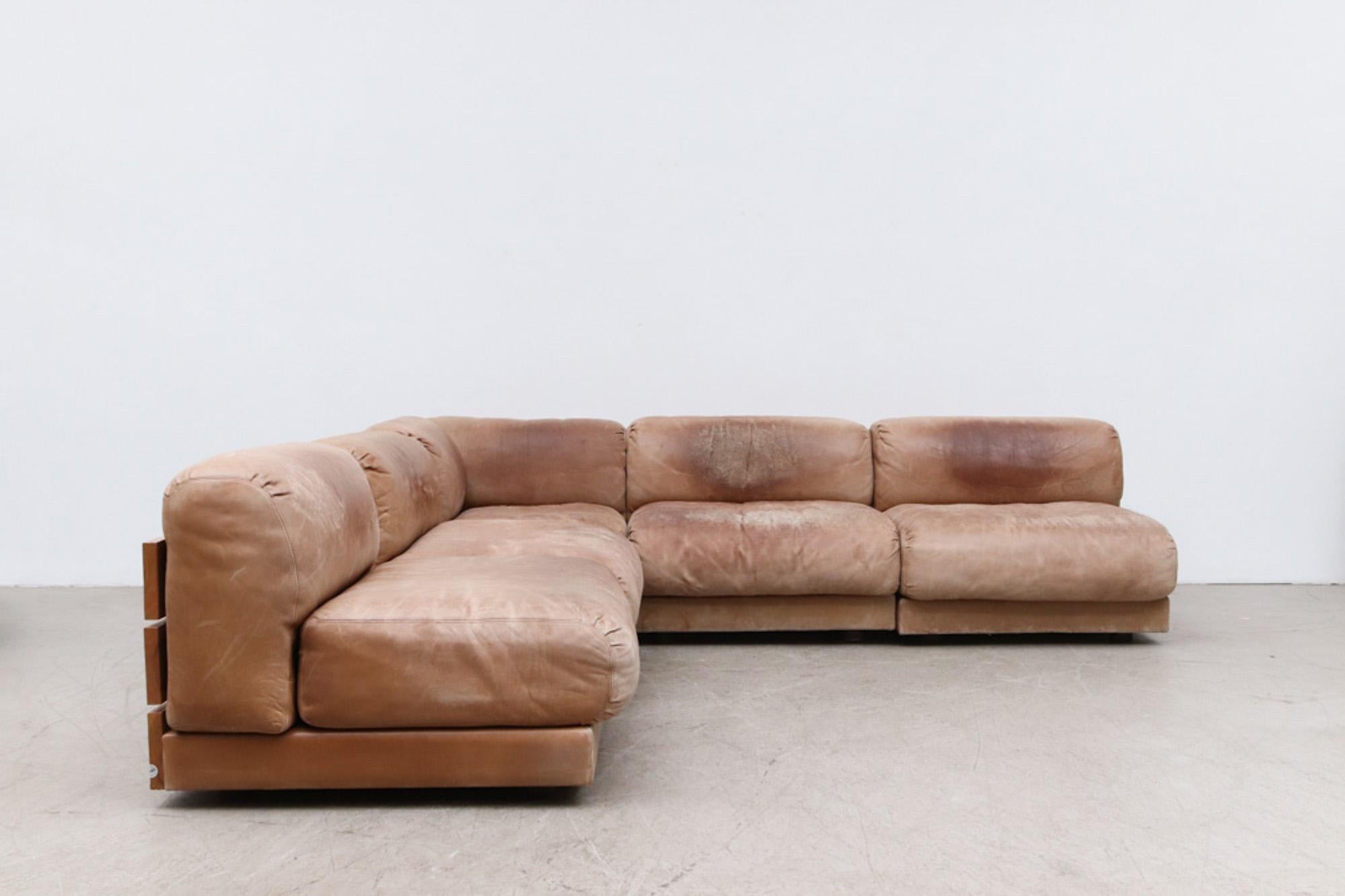 Handsome Dutch Leather and Pine Plank Sectional Sofa 1