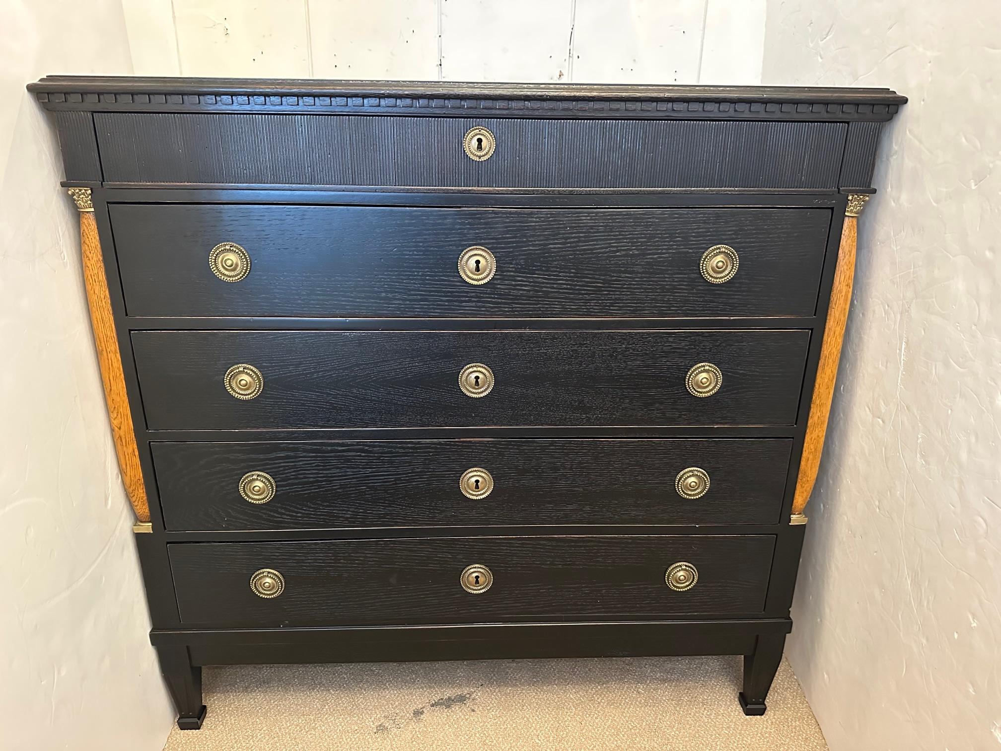 Contemporary Handsome Ebonized Wood Regency Style Chest of Drawers For Sale