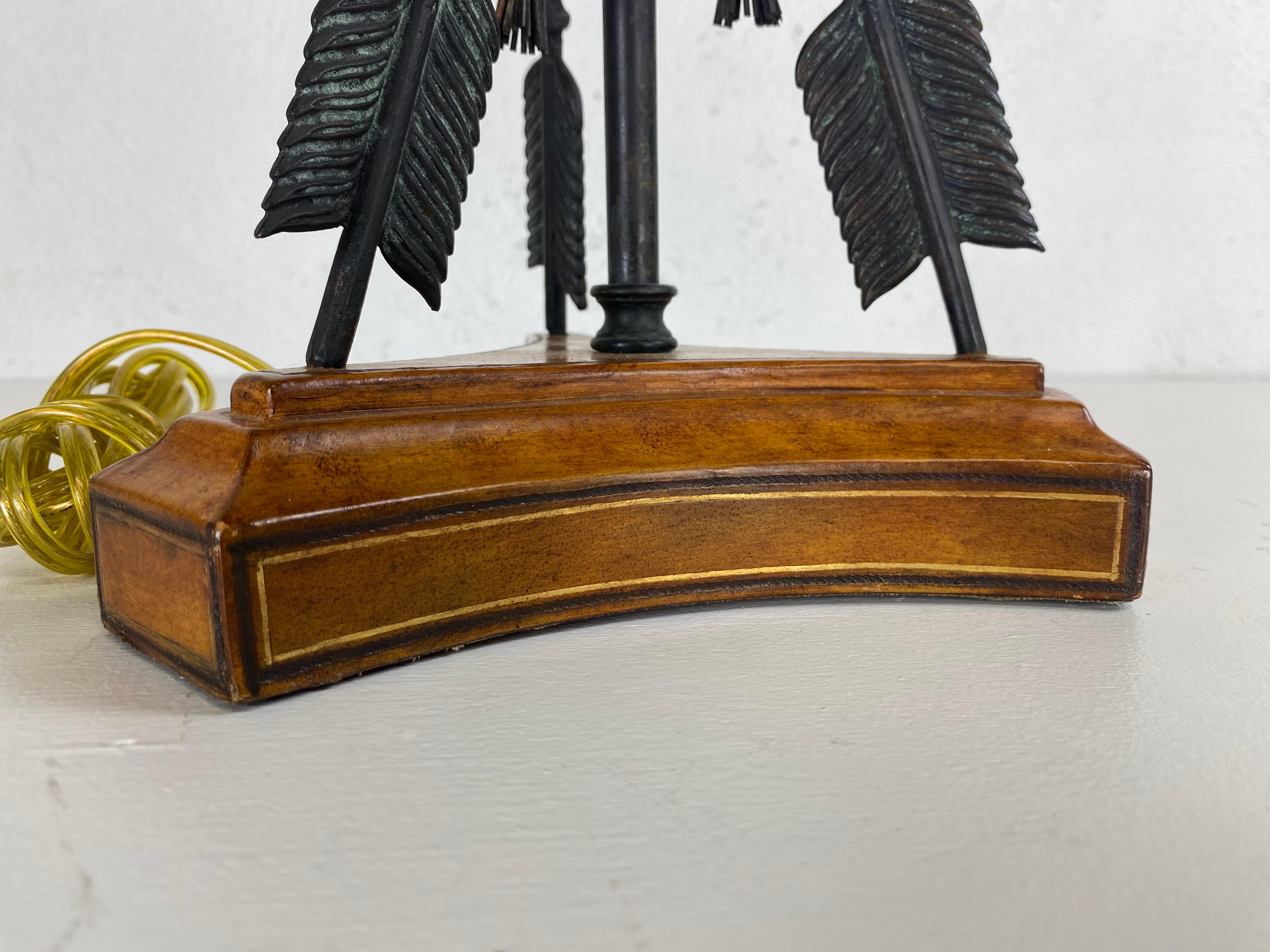 Handsome Empire inspired leather and iron table lamp by Maitland Smith For Sale 5