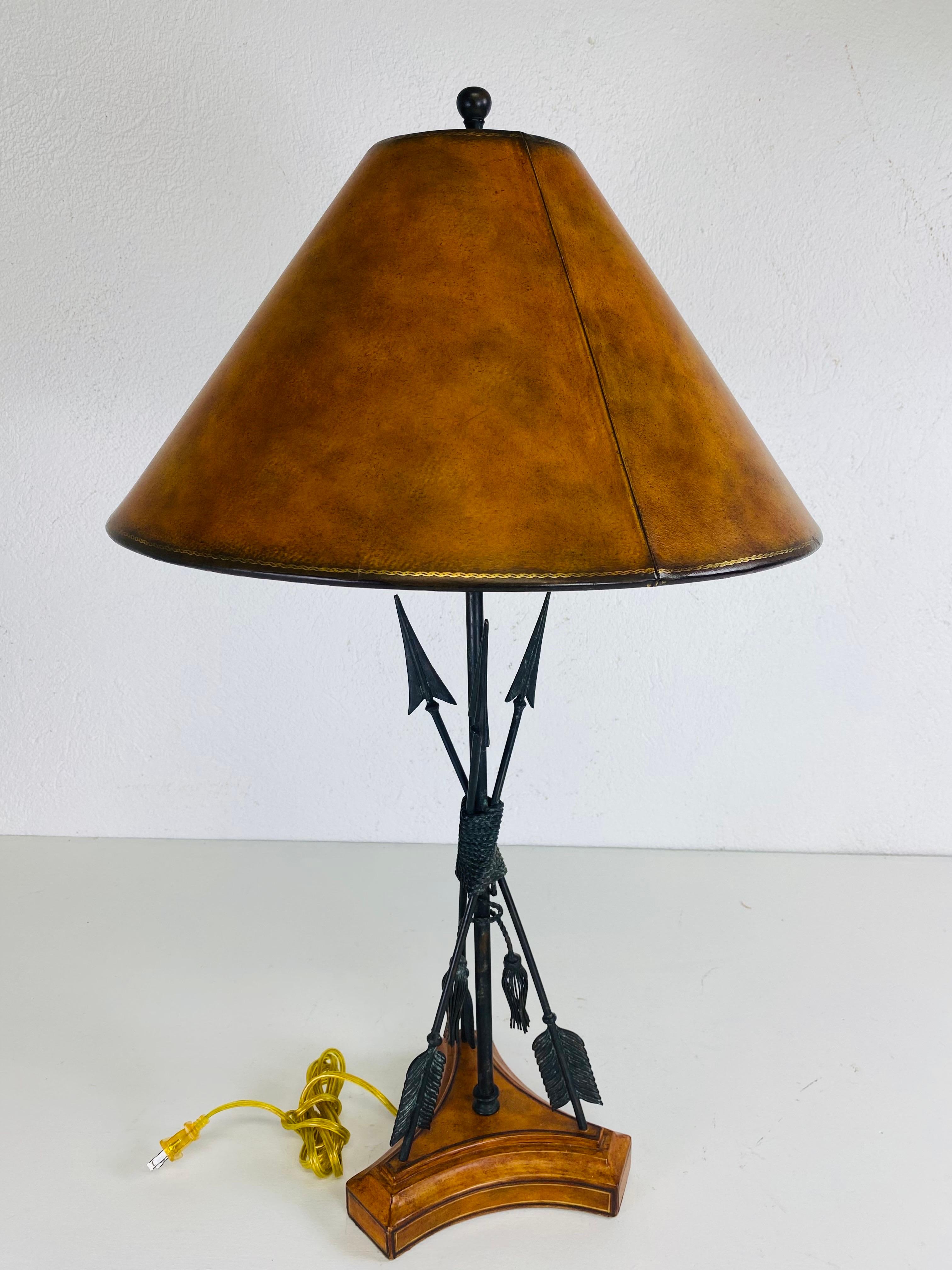 Handsome Empire inspired leather and iron table lamp by Maitland Smith For Sale 6