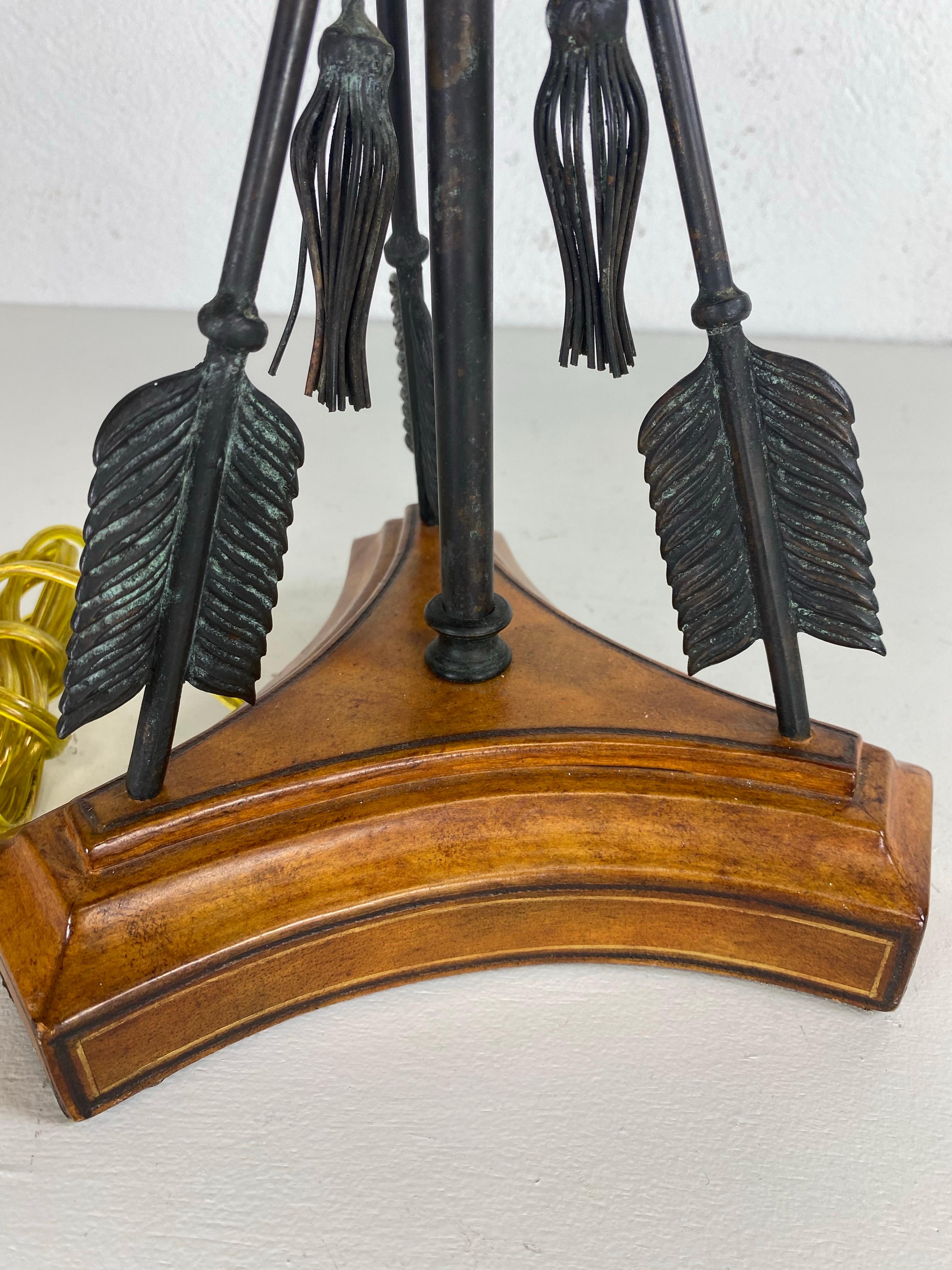 Leather Handsome Empire inspired leather and iron table lamp by Maitland Smith For Sale