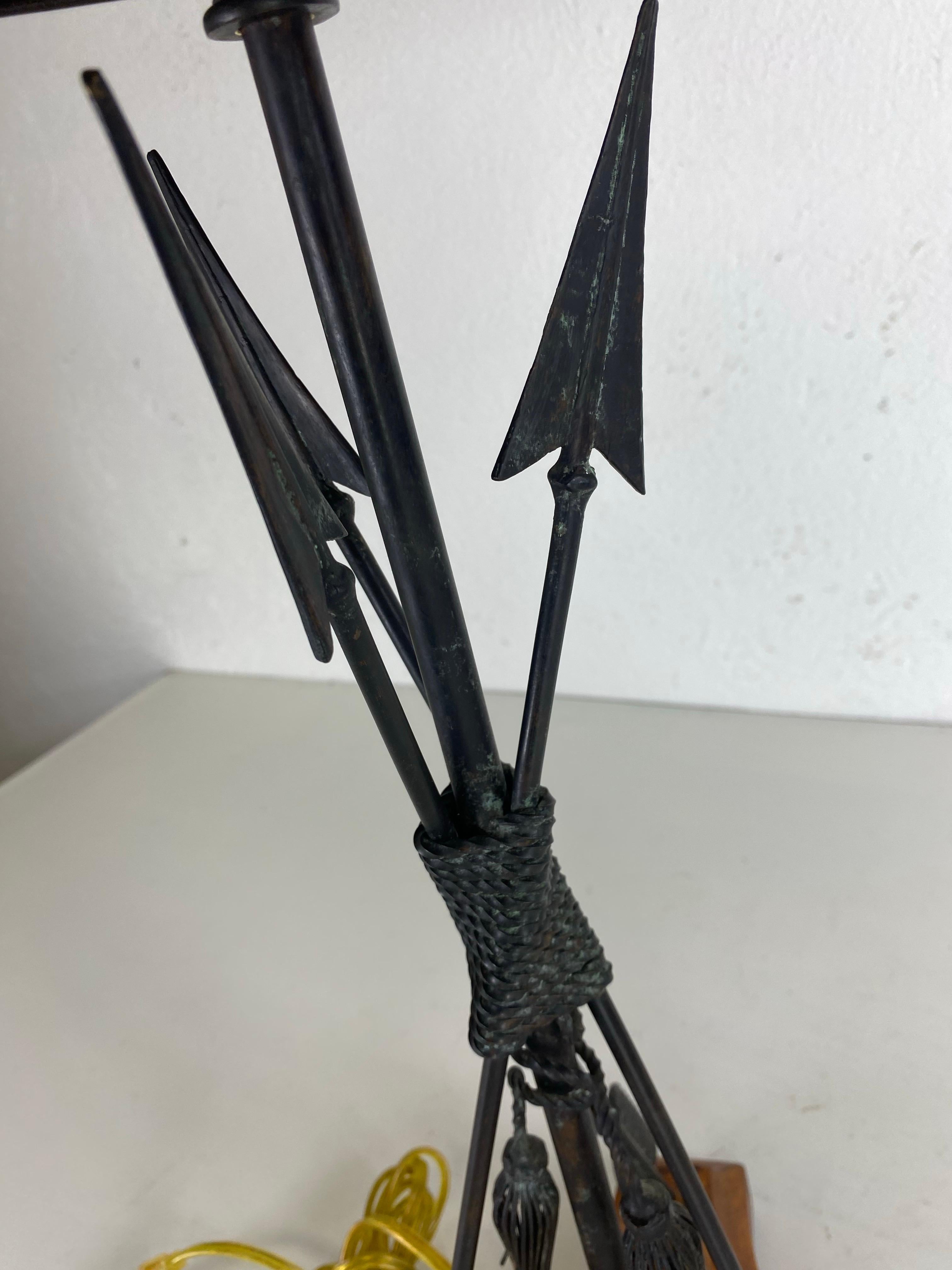 Handsome Empire inspired leather and iron table lamp by Maitland Smith For Sale 1