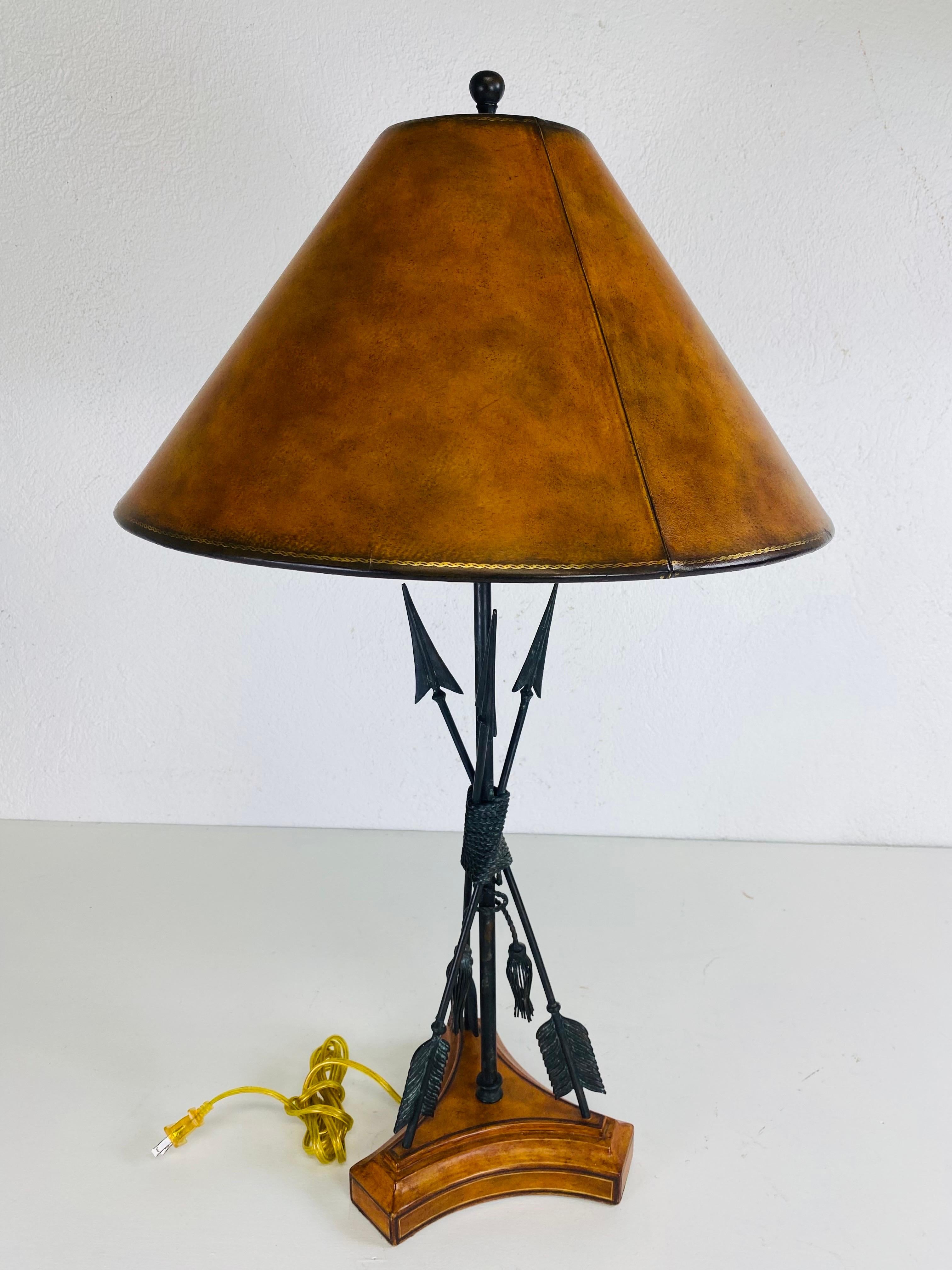 Handsome Empire inspired leather and iron table lamp by Maitland Smith For Sale 2