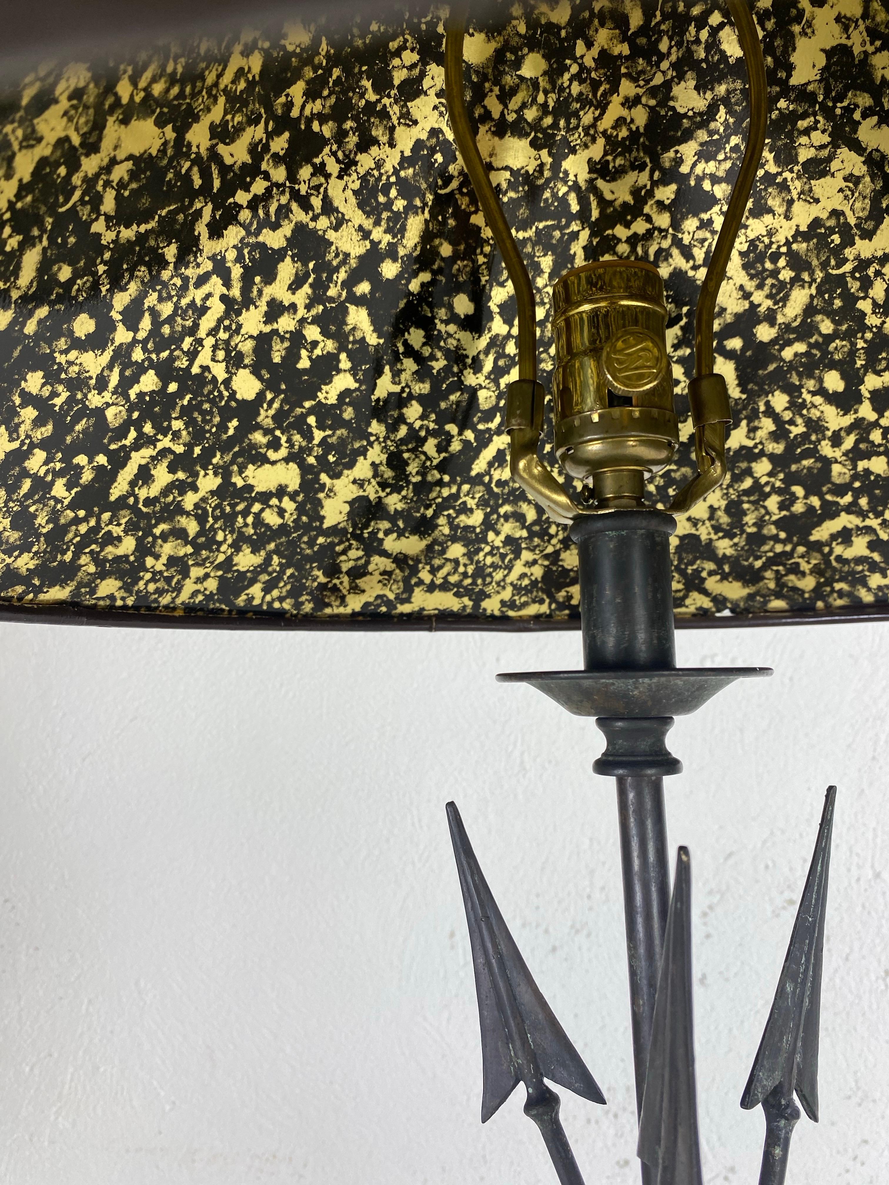 Handsome Empire inspired leather and iron table lamp by Maitland Smith For Sale 3