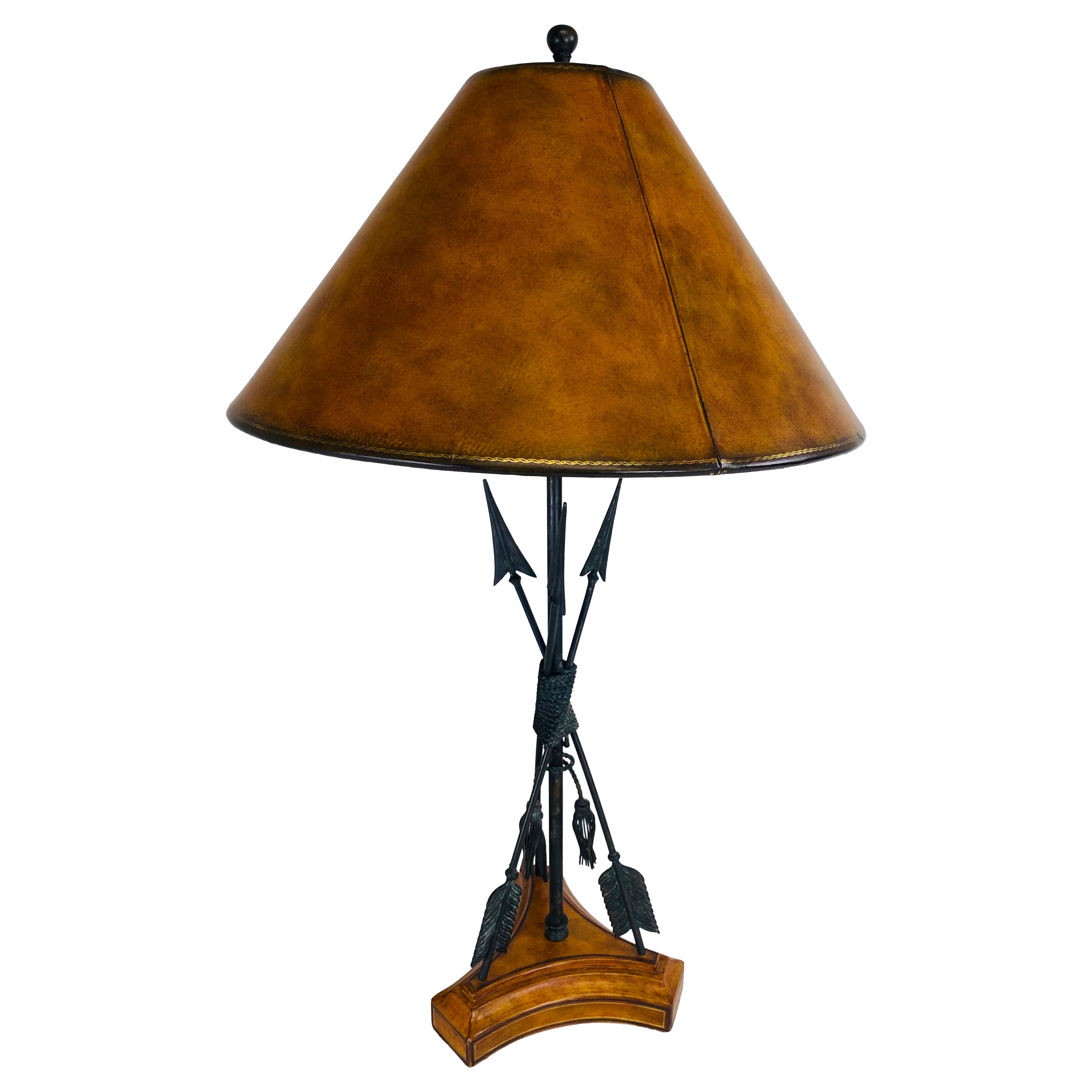 Handsome Empire inspired leather and iron table lamp by Maitland Smith For Sale