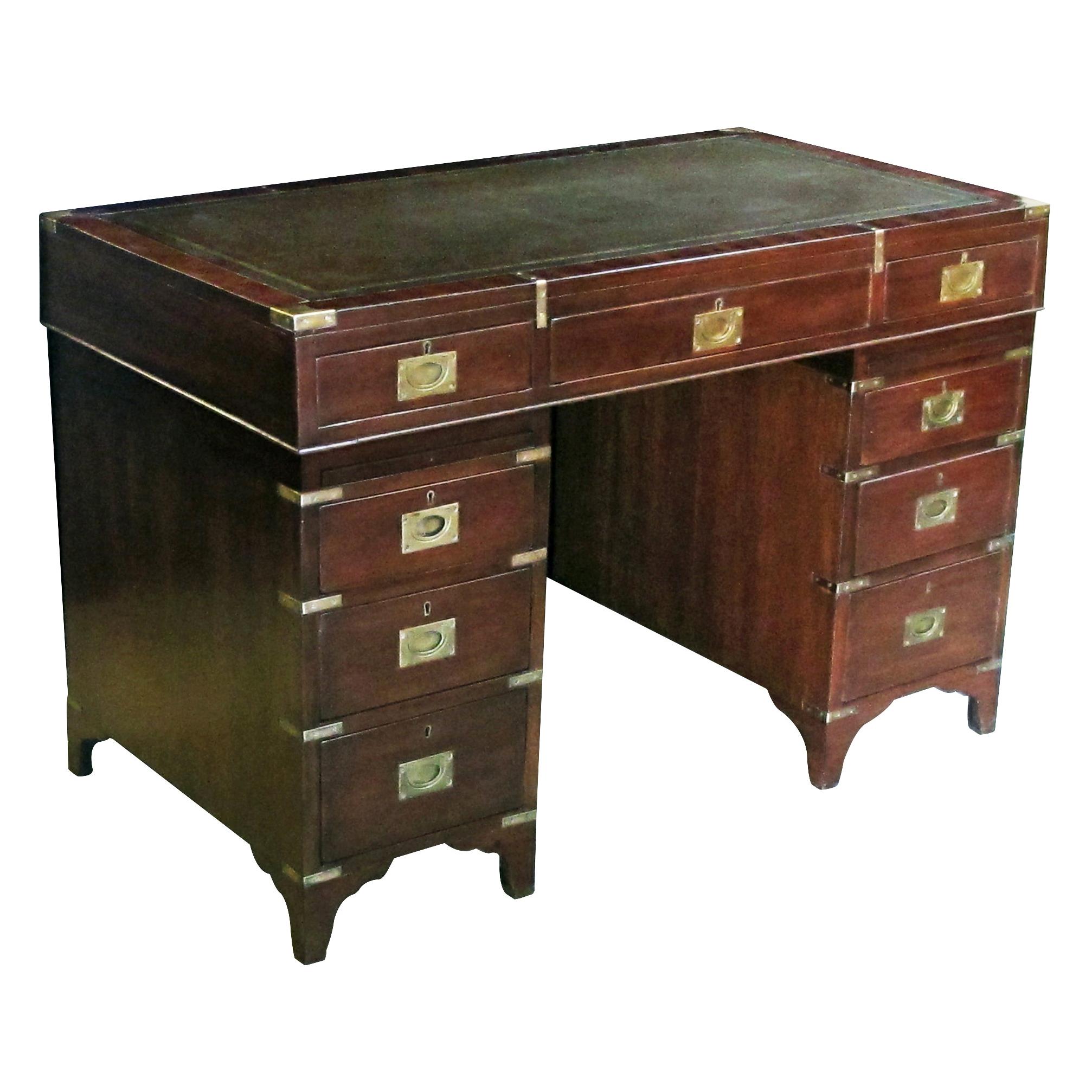 Handsome English 9-Drawer Mahogany Campaign Desk with Sage-Green Leather Top For Sale