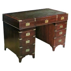 Handsome English 9-Drawer Mahogany Campaign Desk with Sage-Green Leather Top